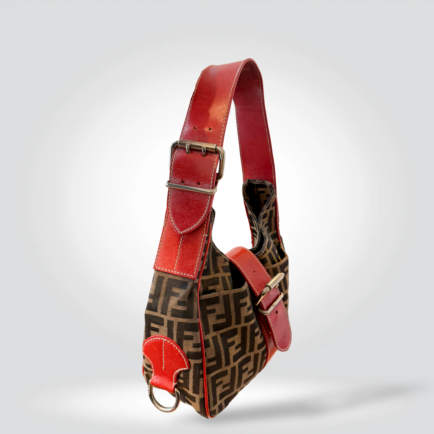 Pre-Owned Fendi Zucca FF Canvas Red Leather Trim Hobo Shoulder Bag Silver Buckle — Fair | Style Reissue Vancouver