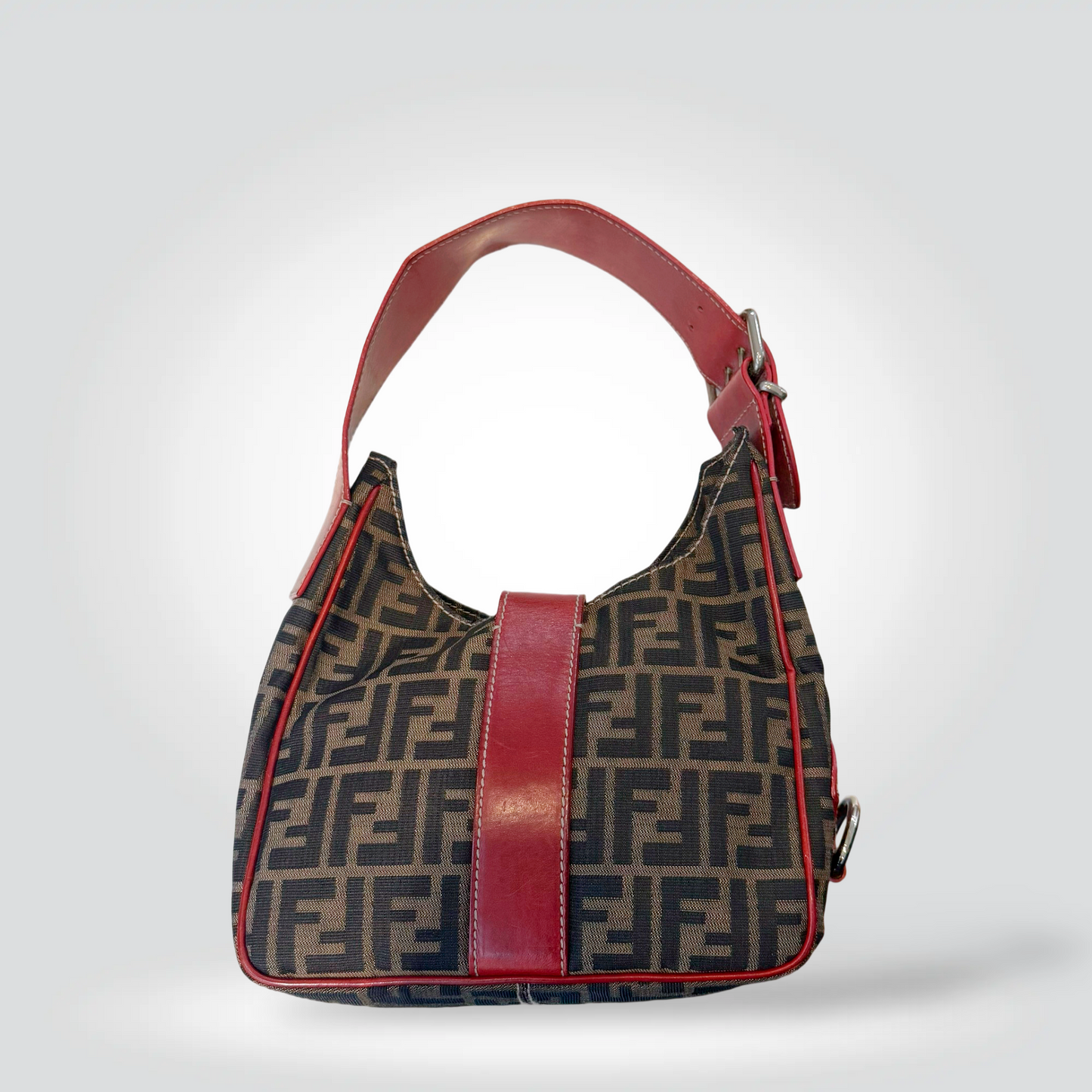 Pre-Owned Fendi Zucca FF Canvas Red Leather Trim Hobo Shoulder Bag Silver Buckle — Fair | Style Reissue Vancouver