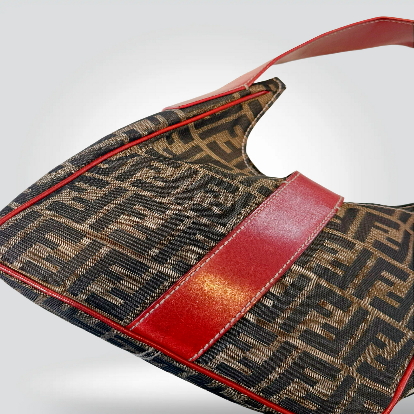 Pre-Owned Fendi Zucca FF Canvas Red Leather Trim Hobo Shoulder Bag Silver Buckle — Fair | Style Reissue Vancouver