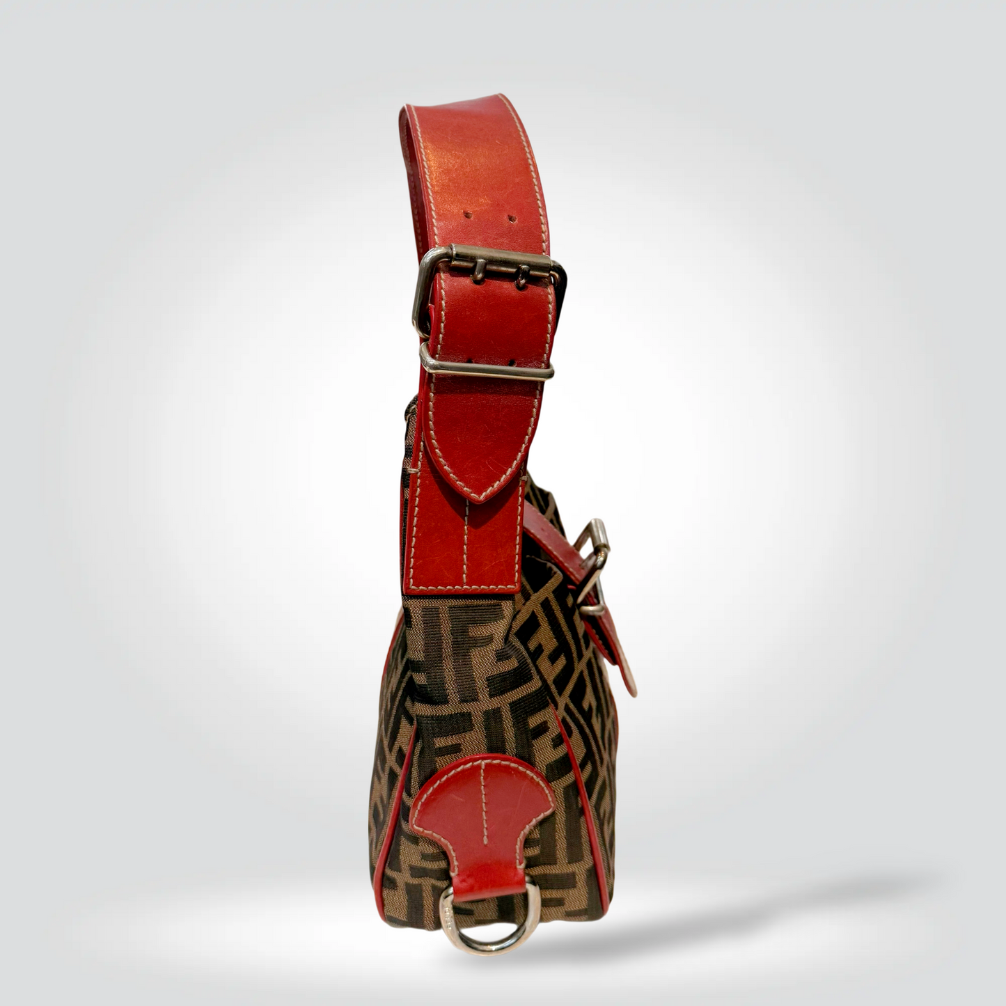 Pre-Owned Fendi Zucca FF Canvas Red Leather Trim Hobo Shoulder Bag Silver Buckle — Fair | Style Reissue Vancouver