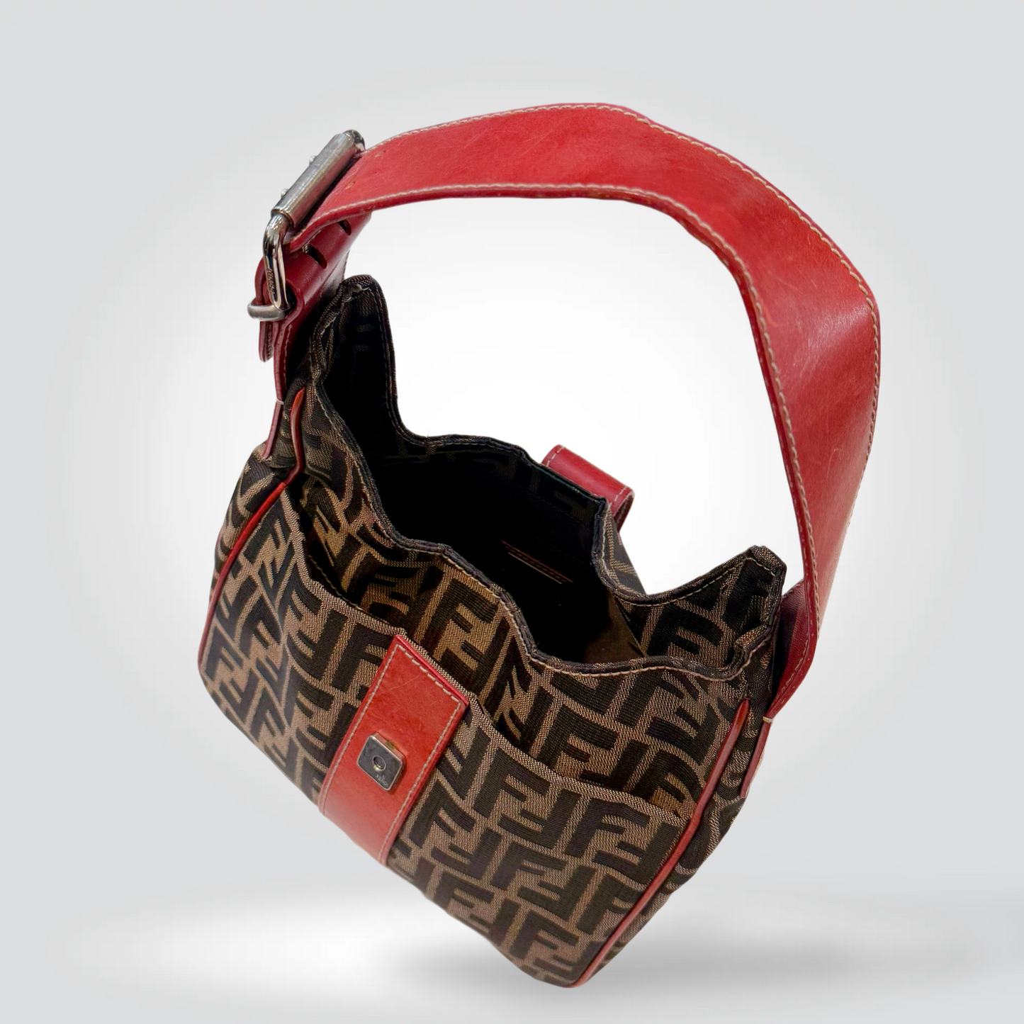Pre-Owned Fendi Zucca FF Canvas Red Leather Trim Hobo Shoulder Bag Silver Buckle — Fair | Style Reissue Vancouver