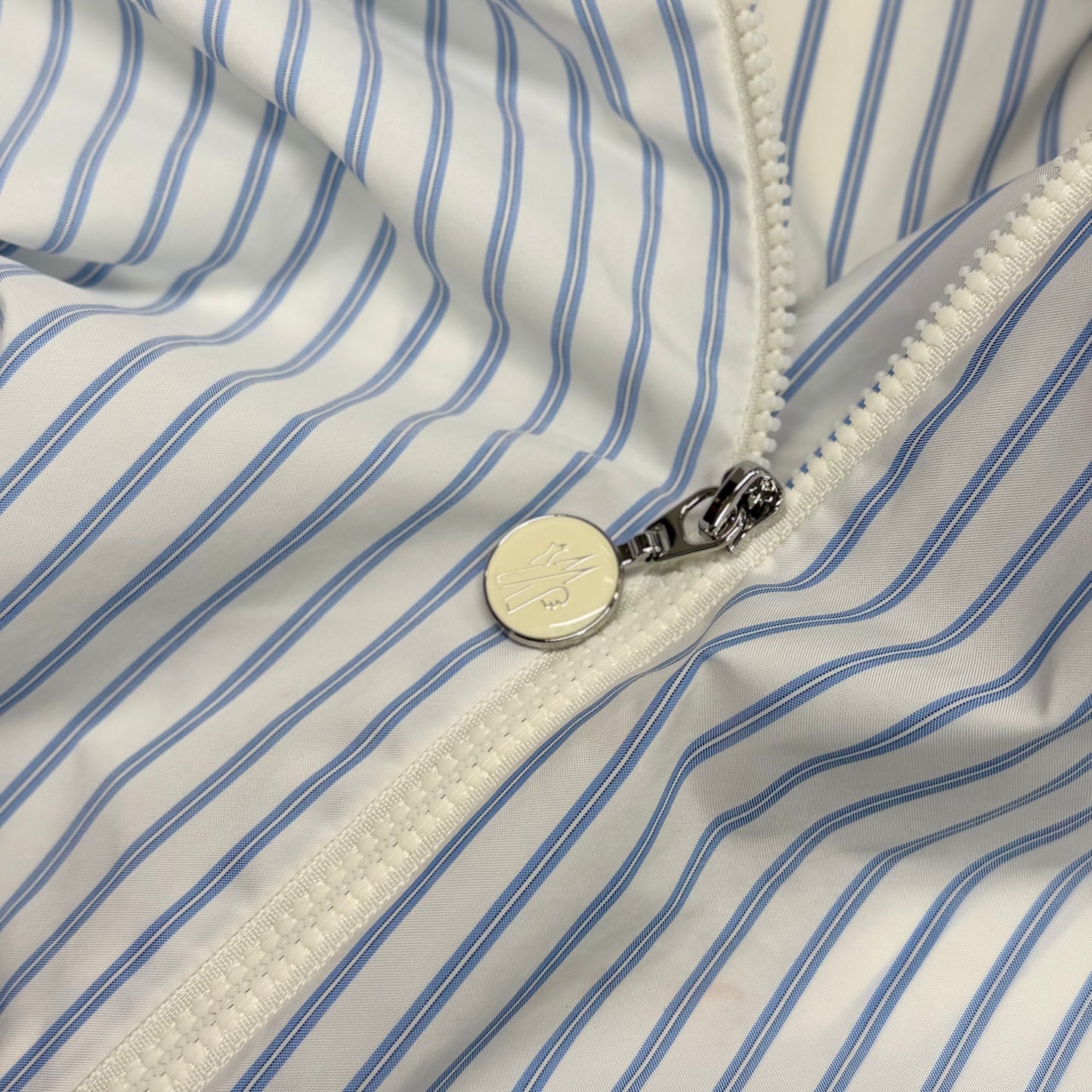 Pre-Owned Moncler White Blue Striped Zip-Up Shirt Tricolor Logo Patch Size M — Pristine | Style Reissue Vancouver