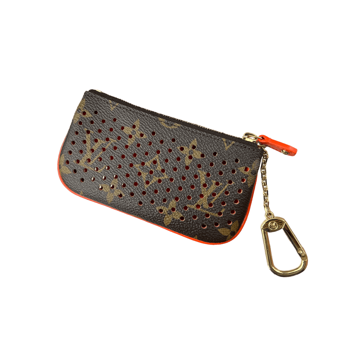 Close-up of a Louis Vuitton Perforated Key Pouch, featuring the iconic LV monogram pattern and perforated design. The pouch is made of Monogram Canvas and has a compact size suitable for holding keys or small essentials