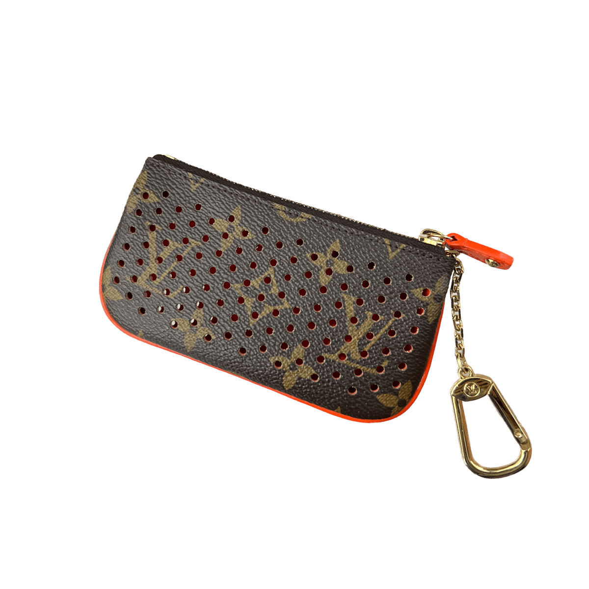 Close-up of a Louis Vuitton Perforated Key Pouch, featuring the iconic LV monogram pattern and perforated design. The pouch is made of Monogram Canvas and has a compact size suitable for holding keys or small essentials