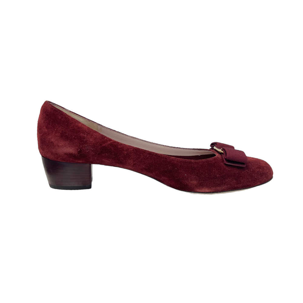 Ferragamo Suede Vara Bow Block Heel Pumps