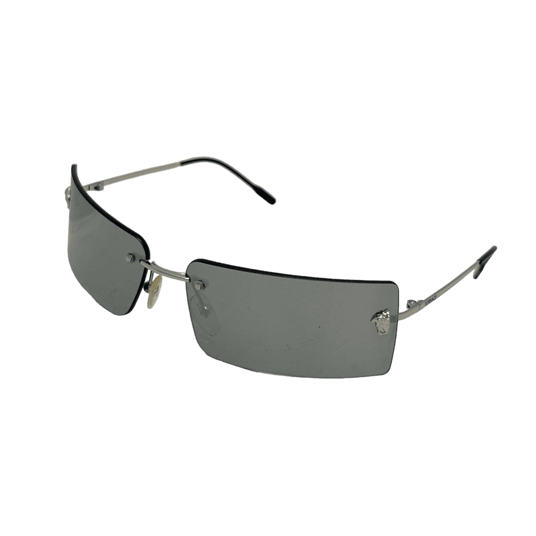 A pair of sleek Versace mirrored rimless sunglasses, featuring a reflective surface and minimalistic frame design, perfect for shielding eyes from the sun while exuding style and sophistication