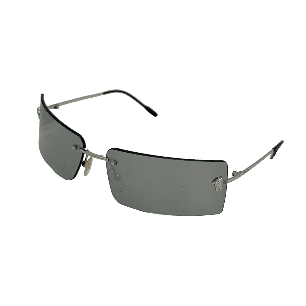 A pair of sleek Versace mirrored rimless sunglasses, featuring a reflective surface and minimalistic frame design, perfect for shielding eyes from the sun while exuding style and sophistication