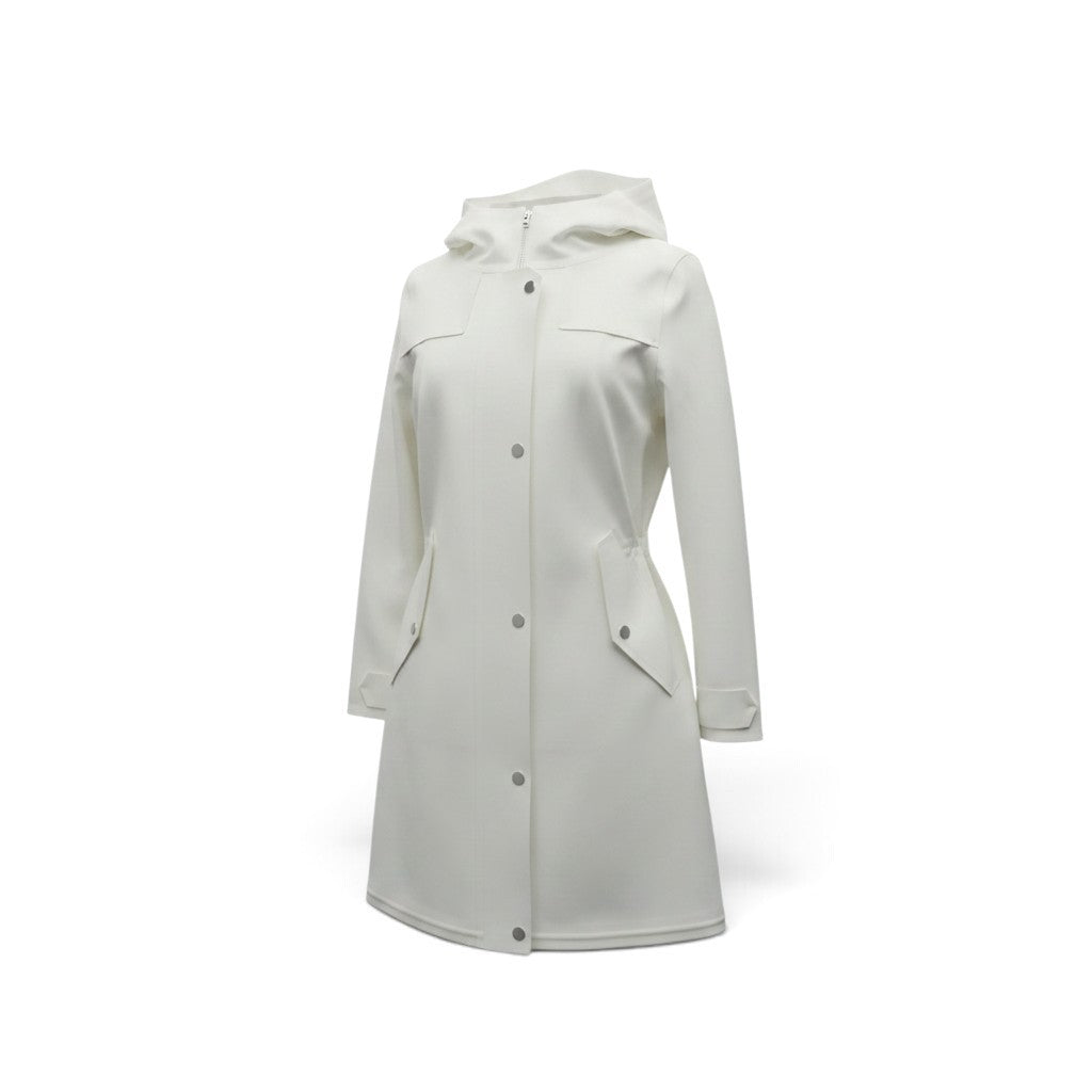 Pre-owned Herno First Act white technical nylon hooded raincoat with snap front closure and cinched waist, size 38 — available at Style Reissue Vancouver