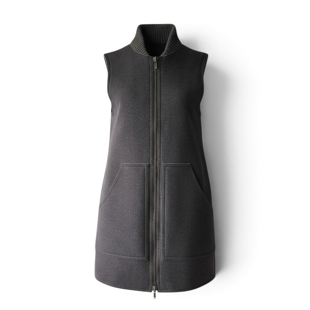 Pre-owned Lorena Antoniazzi charcoal grey wool silk cashmere blend long zip-front vest with mock neck and front pockets, size 42 — available at Style Reissue Vancouver