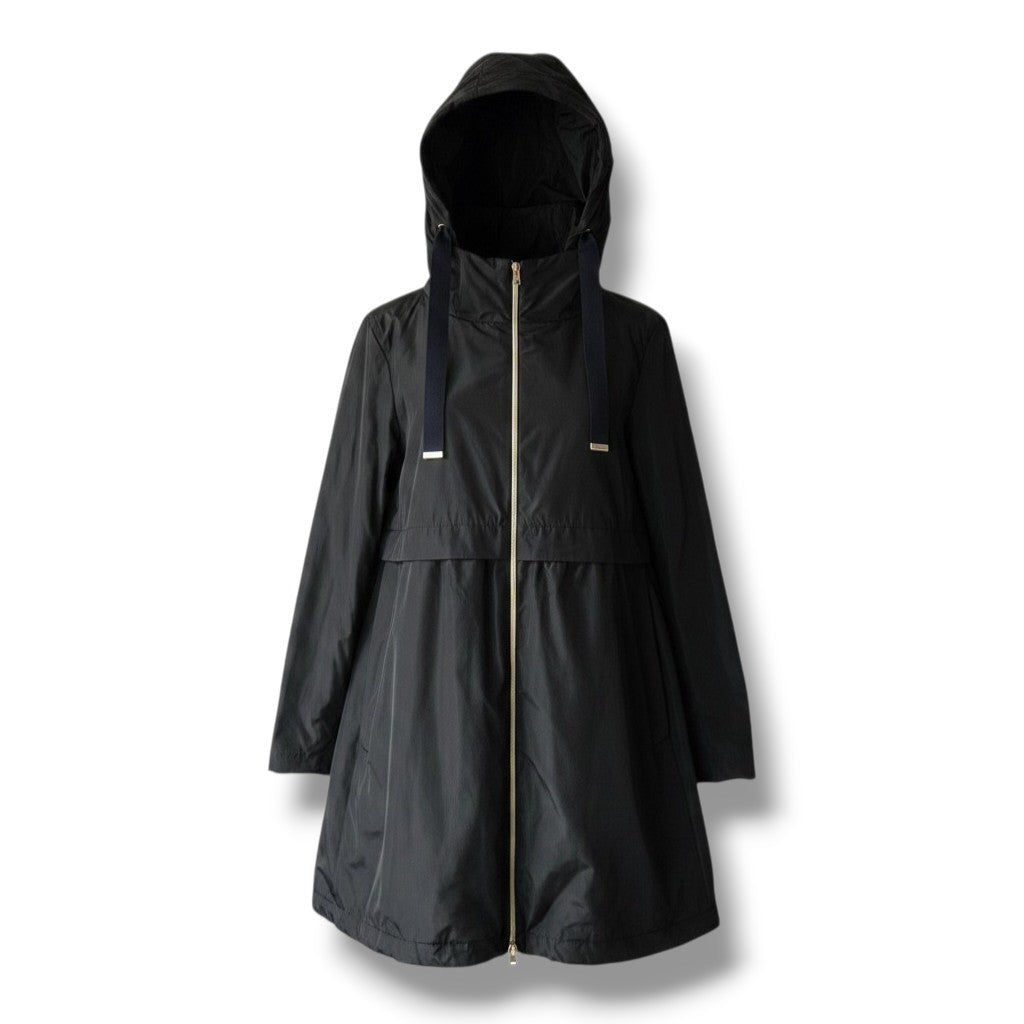 Pre-owned Herno black nylon hooded zip-front raincoat with A-line silhouette and gold-tone hardware, size 44 — available at Style Reissue Vancouver