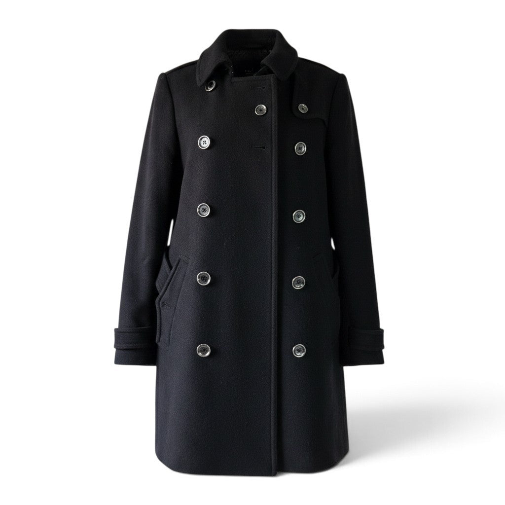 Pre-owned Burberry black wool cashmere double-breasted trench coat with back belt and gunflap, UK 8 — available at Style Reissue Vancouver