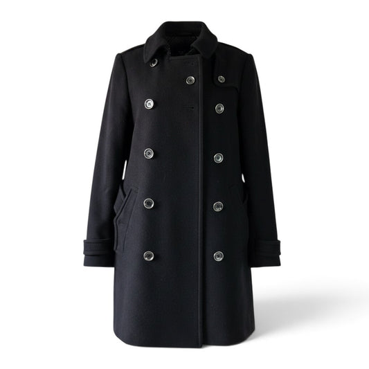 Pre-owned Burberry black wool cashmere double-breasted trench coat with back belt and gunflap, UK 8 — available at Style Reissue Vancouver