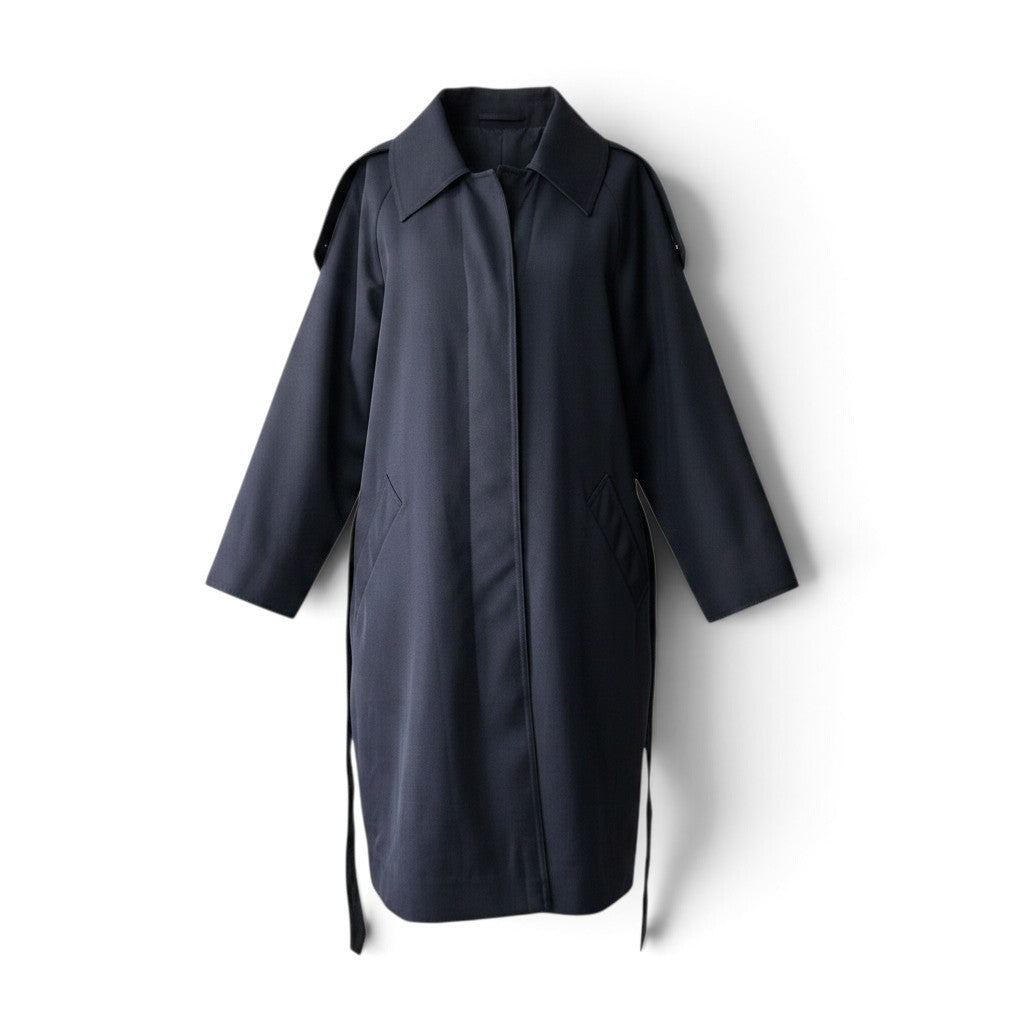 Pre-owned Herno navy wool blend single-breasted belted trench coat with back leather belt detail, size 38 — available at Style Reissue Vancouver