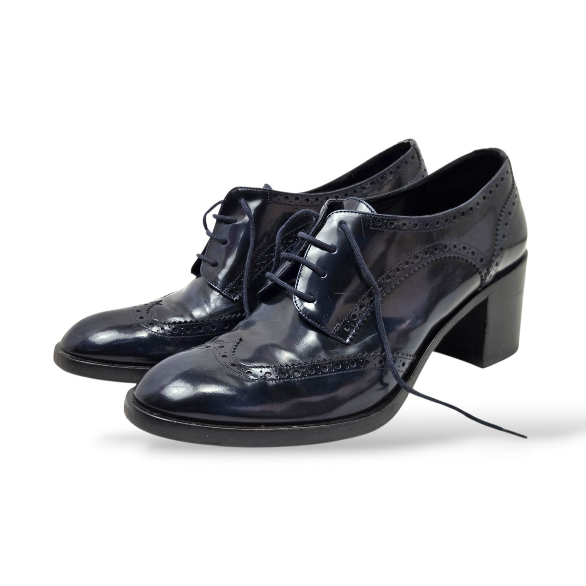 Pre-Owned Fratelli Rossetti Navy Leather Heeled Wingtip Brogue Oxfords — Size 39