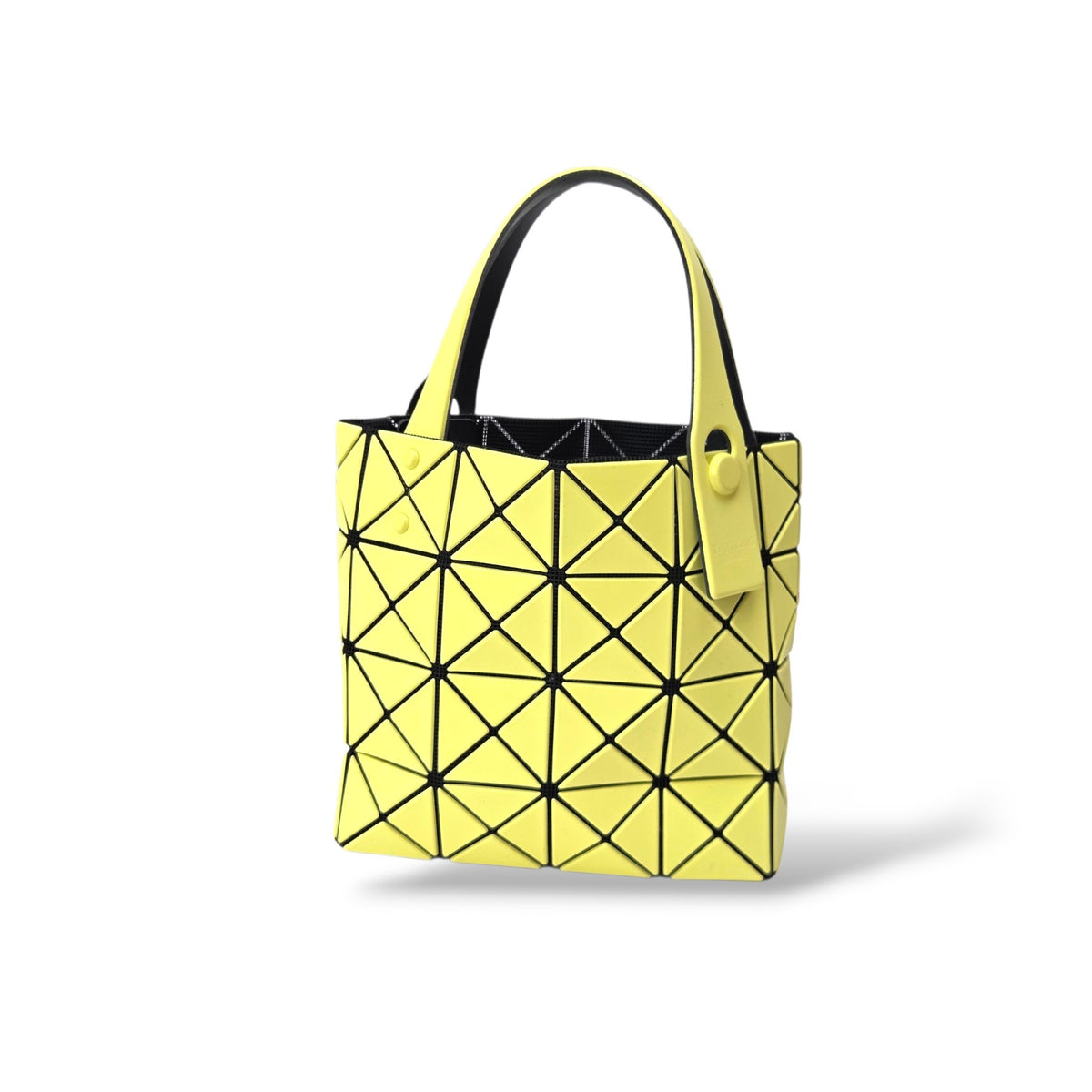 Pre-owned Bao Bao Issey Miyake Bilbao mini tote bag in yellow with geometric PVC panels and black handles — available at Style Reissue Vancouver