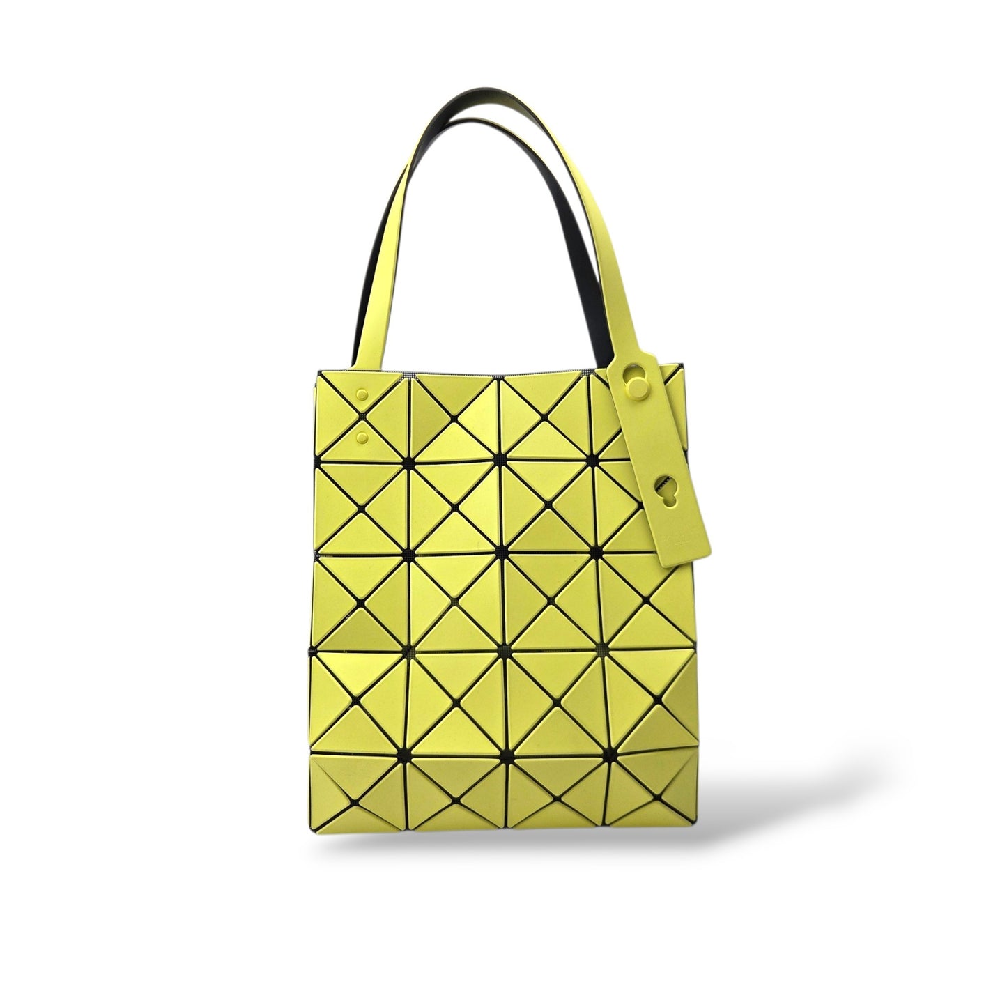 Pre-owned Bao Bao Issey Miyake Prism geometric tote in yellow-green with matte PVC panels and black handles — available at Style Reissue Vancouver