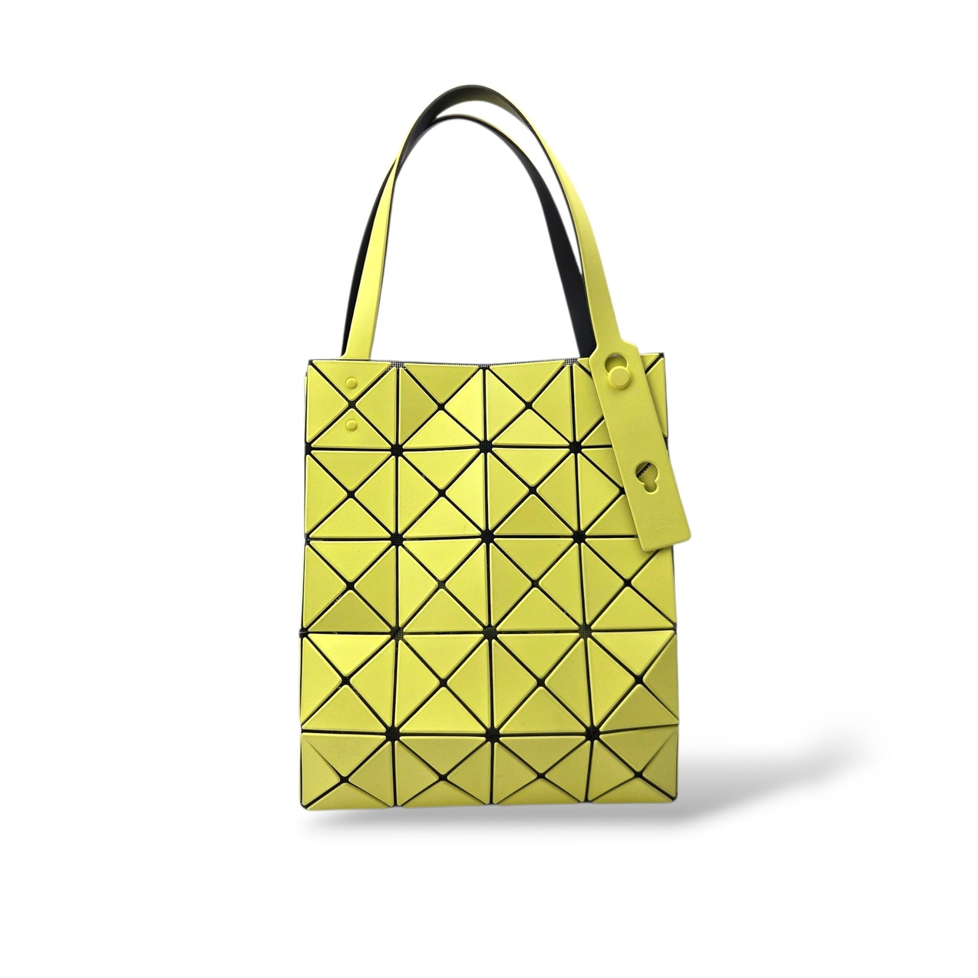 Pre-owned Bao Bao Issey Miyake Prism geometric tote in yellow-green with matte PVC panels and black handles — available at Style Reissue Vancouver