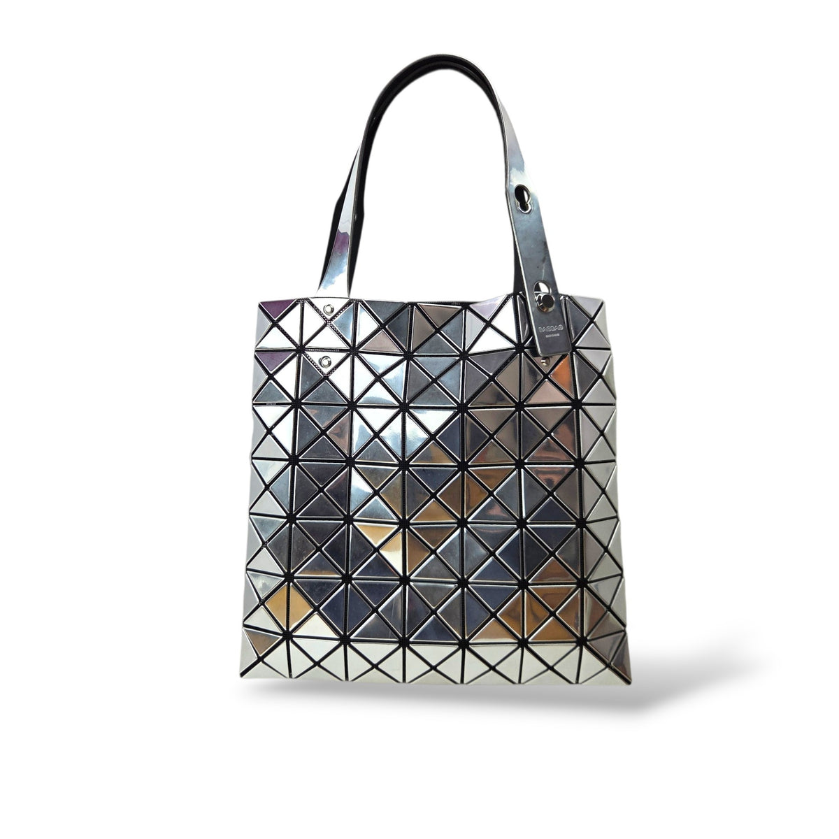 Pre-owned Bao Bao Issey Miyake Lucent Metallic tote in silver with geometric glossy PVC panels and black adjustable handles — available at Style Reissue Vancouver