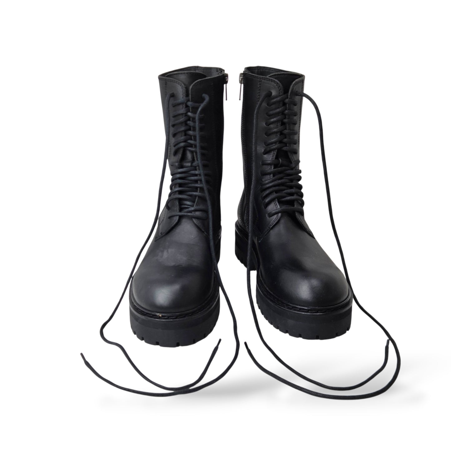 Pre-owned Ann Demeulemeester black leather lace-up combat boots with side zip and chunky rubber sole, size 36.5 — available at Style Reissue Vancouver