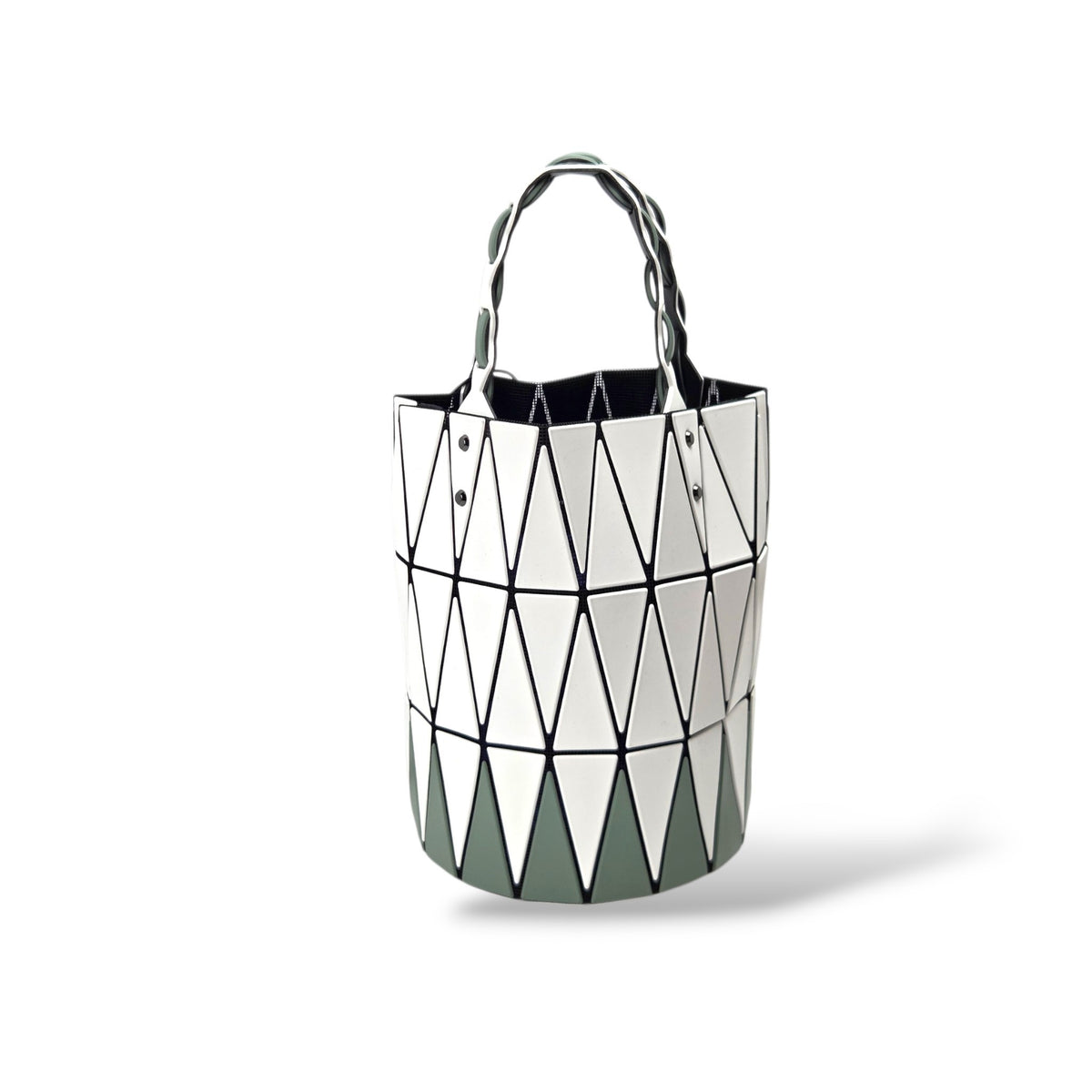 Pre-owned Bao Bao Issey Miyake Carat large tote in white and sage green geometric PVC panels with braided handles — available at Style Reissue Vancouver