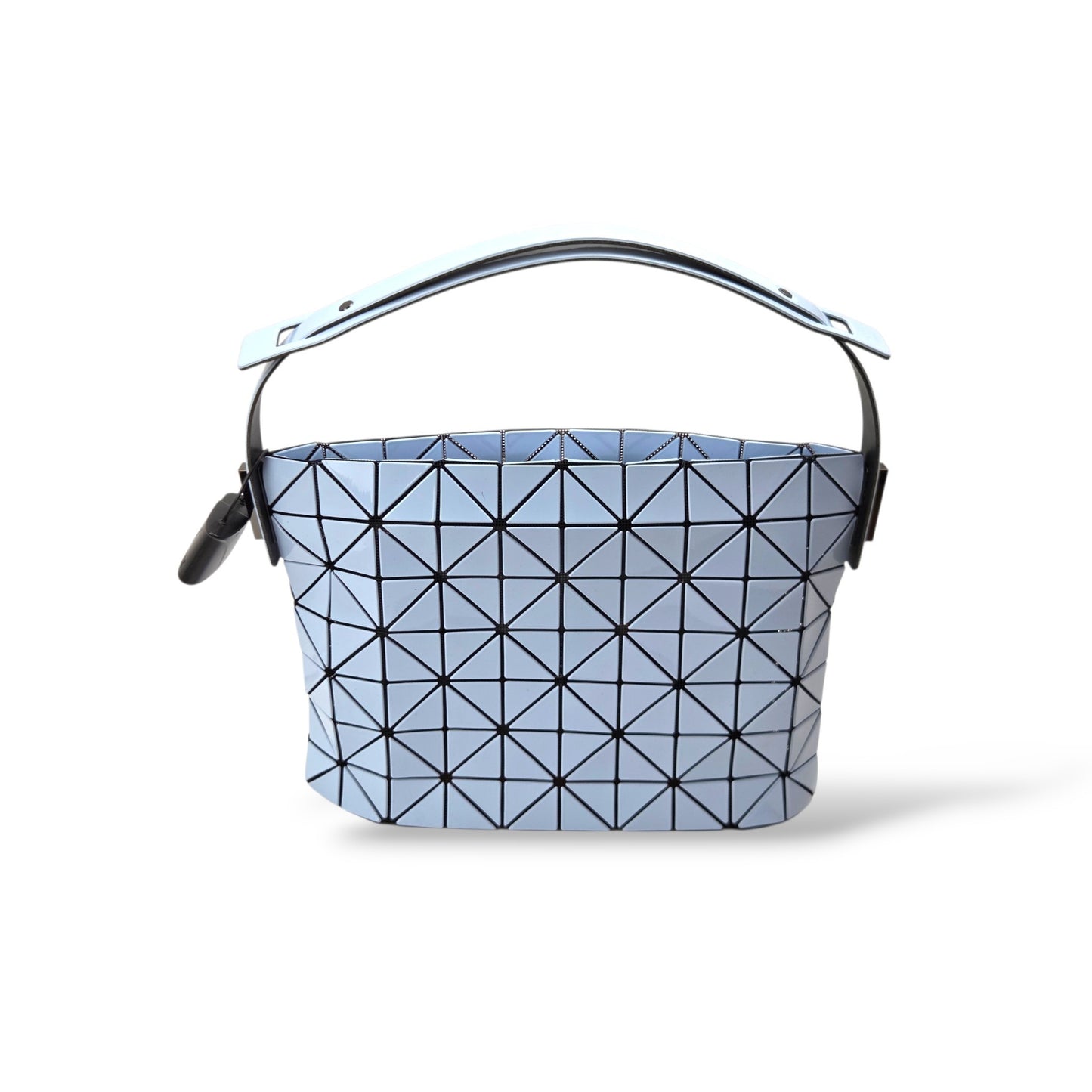 Pre-owned Bao Bao Issey Miyake Carton bag in light blue with geometric glossy PVC panels and black top handle — available at Style Reissue Vancouver