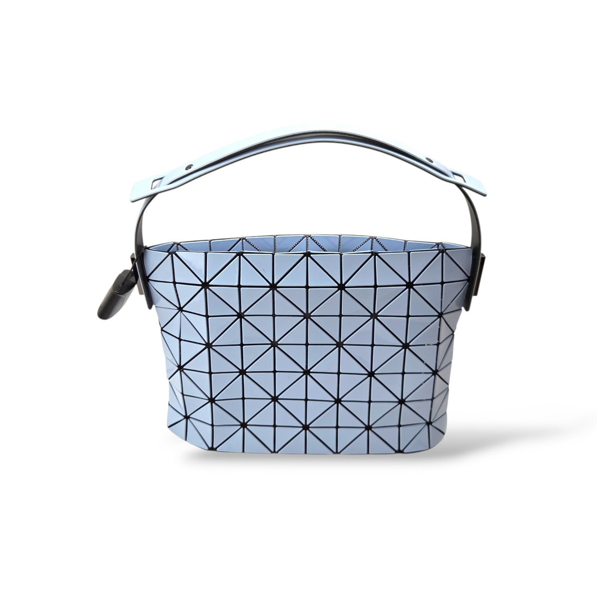 Pre-owned Bao Bao Issey Miyake Carton bag in light blue with geometric glossy PVC panels and black top handle — available at Style Reissue Vancouver