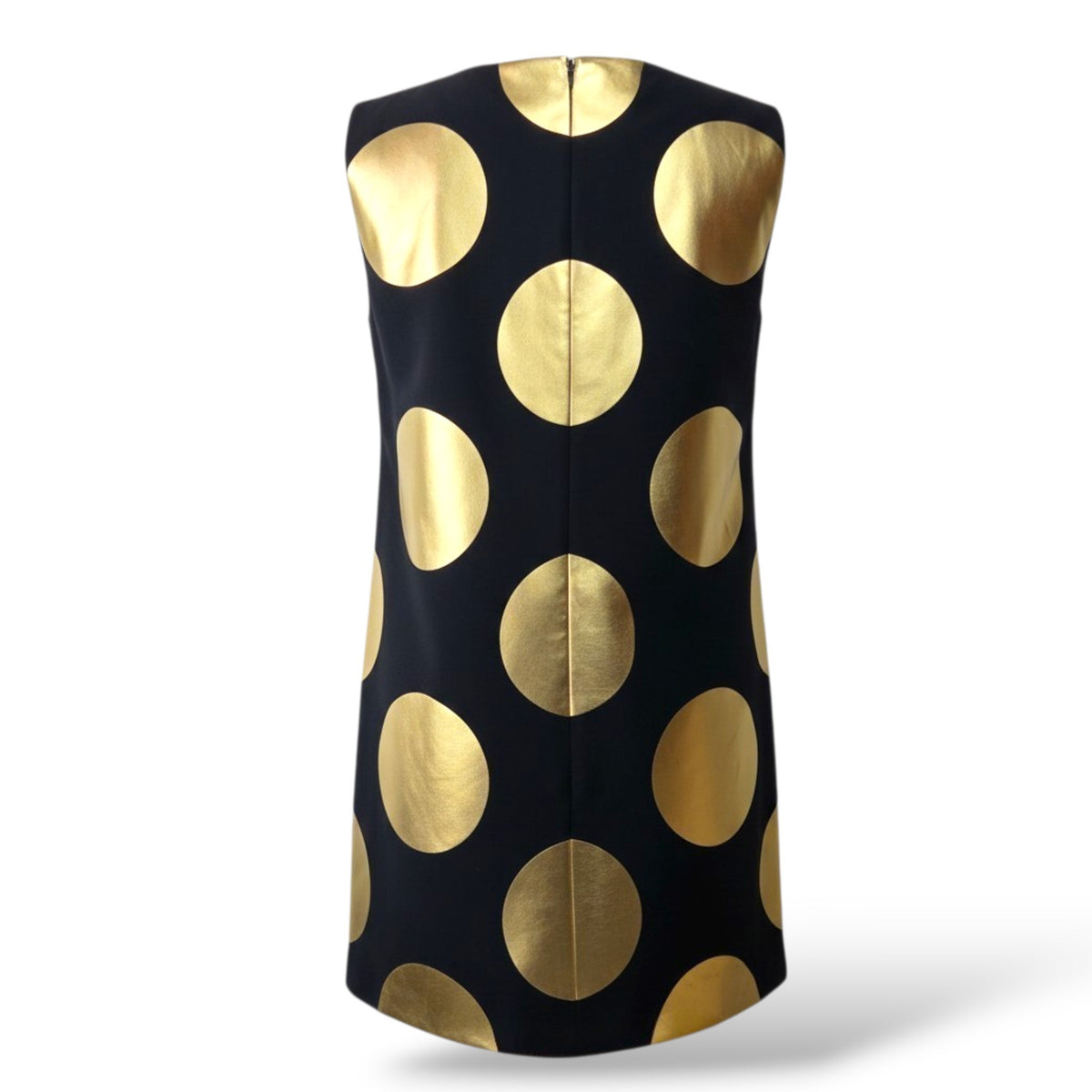 Pre-Owned Boutique Moschino Black & Gold Foil Polka Dot Shift Dress — Size 34