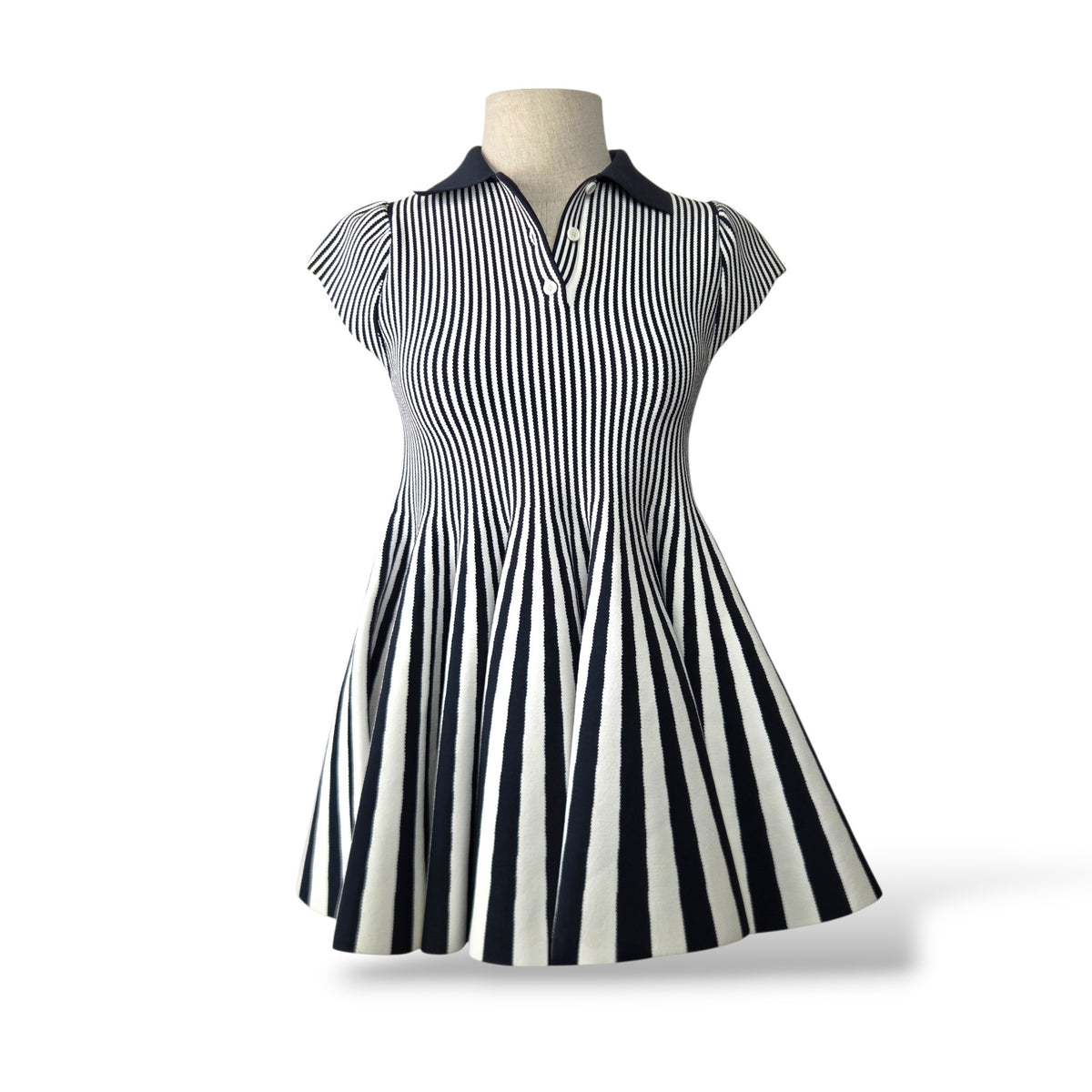 Pre-owned Loewe striped viscose knit mini polo dress in navy and white with cap sleeves and flared godet skirt — available at Style Reissue Vancouver