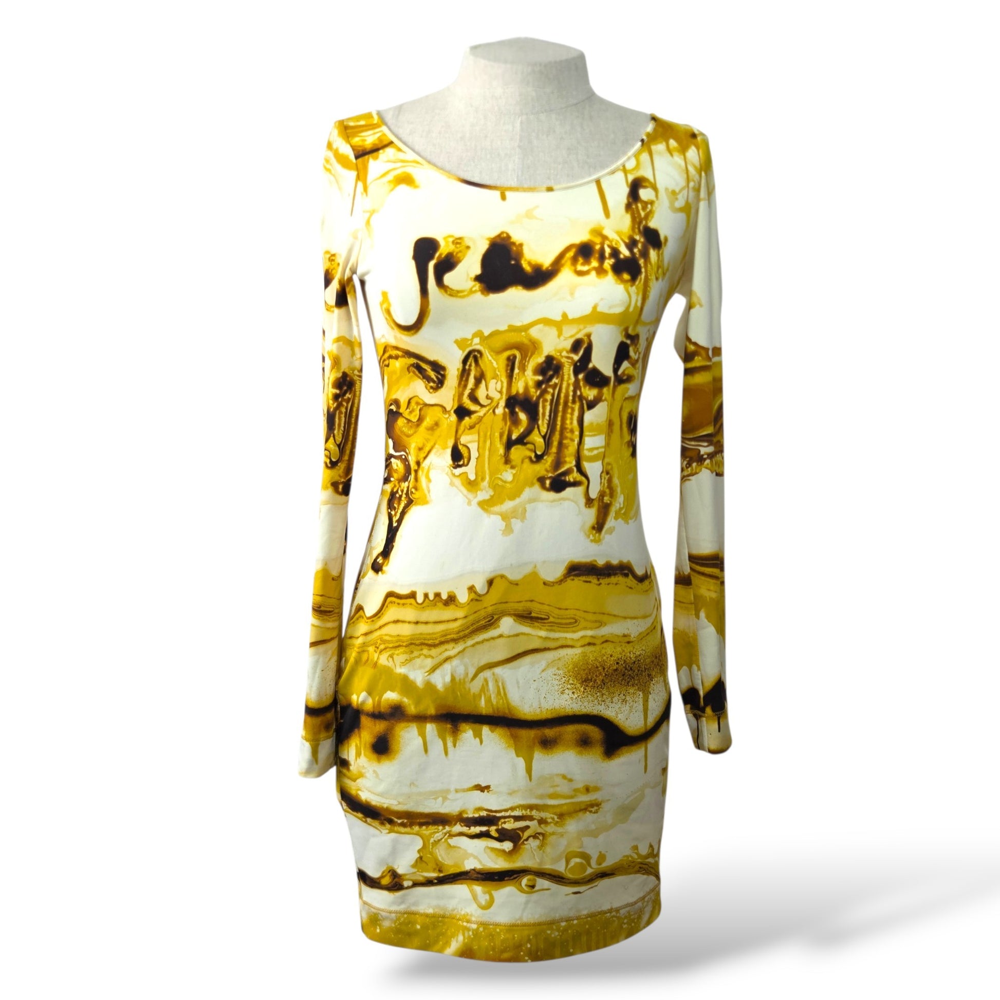 Pre-owned Jean Paul Gaultier Classique liquid gold marble print long-sleeve bodycon mini dress in white and gold, size S — available at Style Reissue Vancouver