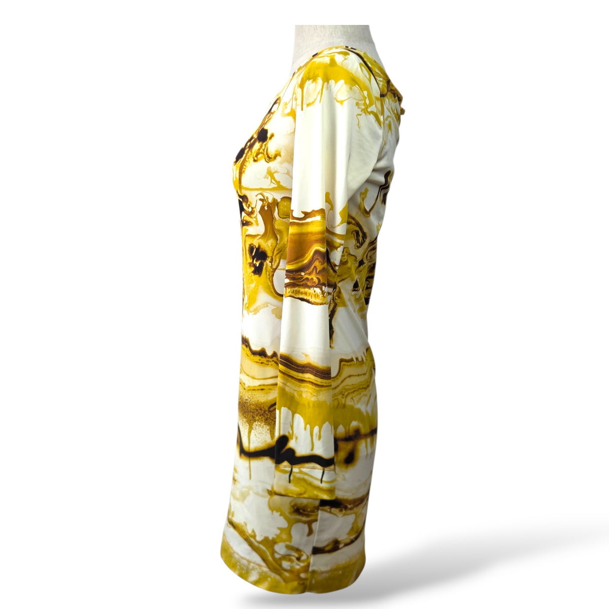 Pre-Owned Jean Paul Gaultier Classique Liquid Gold Print Long-Sleeve Bodycon Mini Dress — Size S