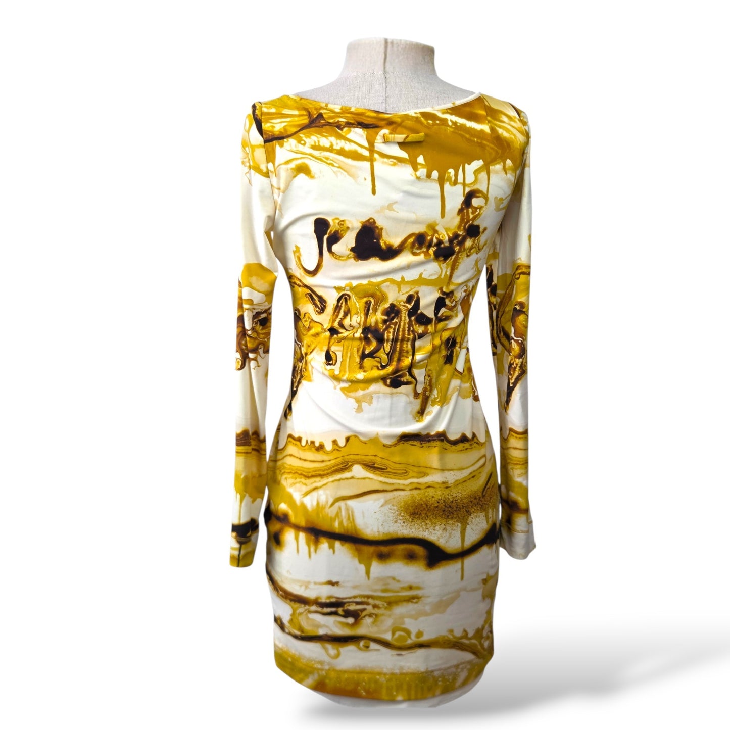 Pre-Owned Jean Paul Gaultier Classique Liquid Gold Print Long-Sleeve Bodycon Mini Dress — Size S