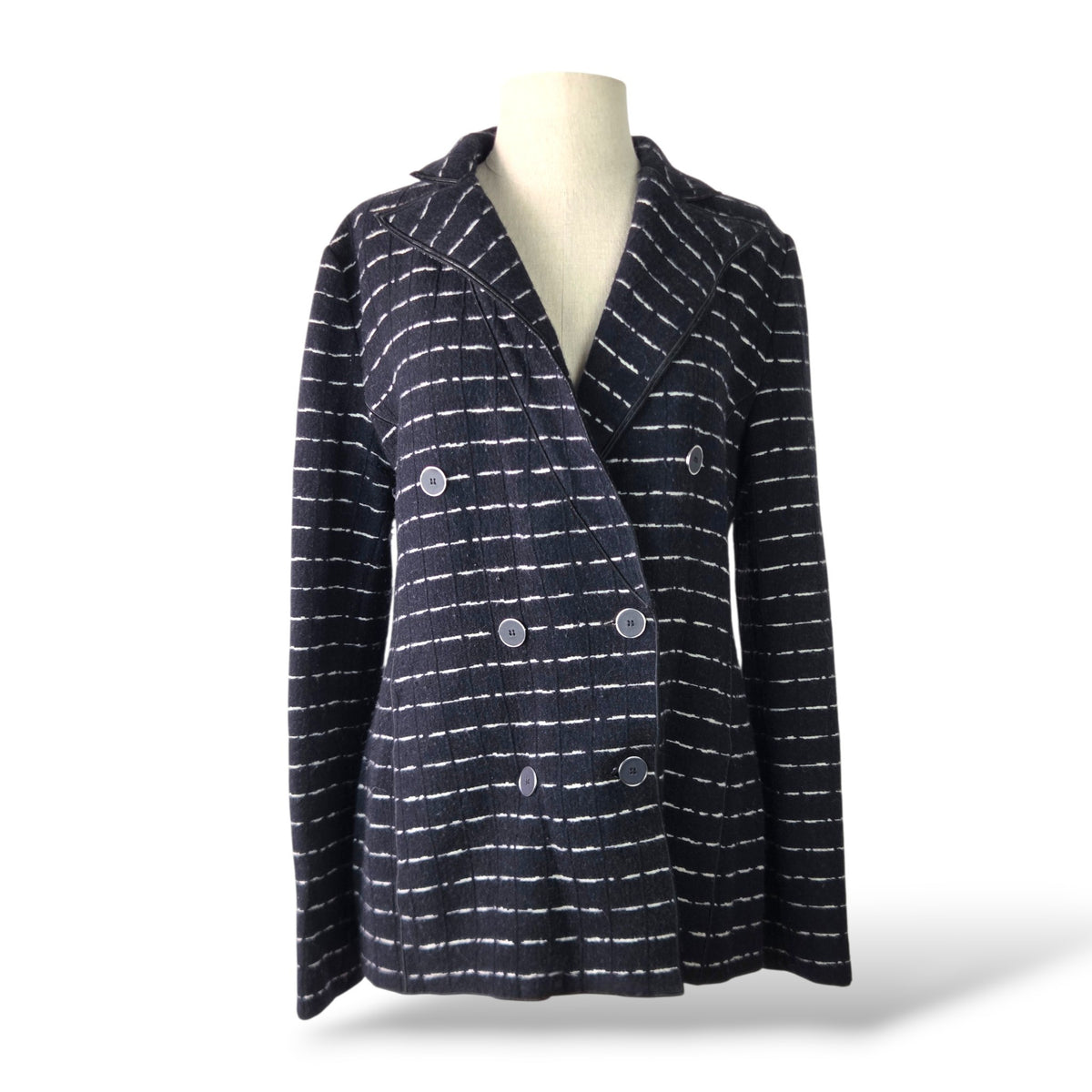 Pre-owned Giorgio Armani navy and white horizontal stripe double-breasted knit blazer with notch lapel, EU 44 — available at Style Reissue Vancouver