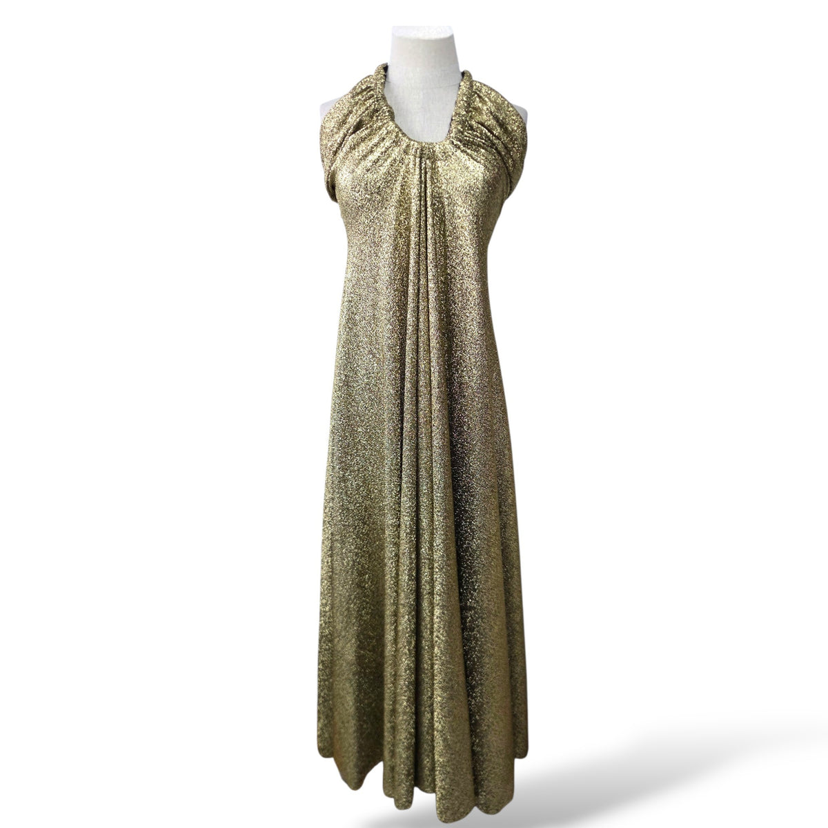 Pre-owned Proenza Schouler gold metallic halter neck maxi dress with pleated neckline and open back, size 8 — available at Style Reissue Vancouver