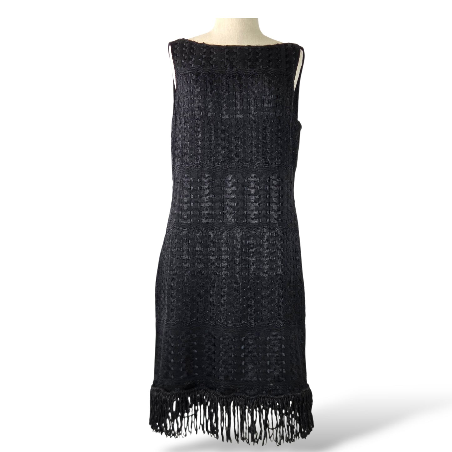 Pre-owned St. John Couture black open crochet knit sleeveless dress with fringe hem, size 12 — available at Style Reissue Vancouver