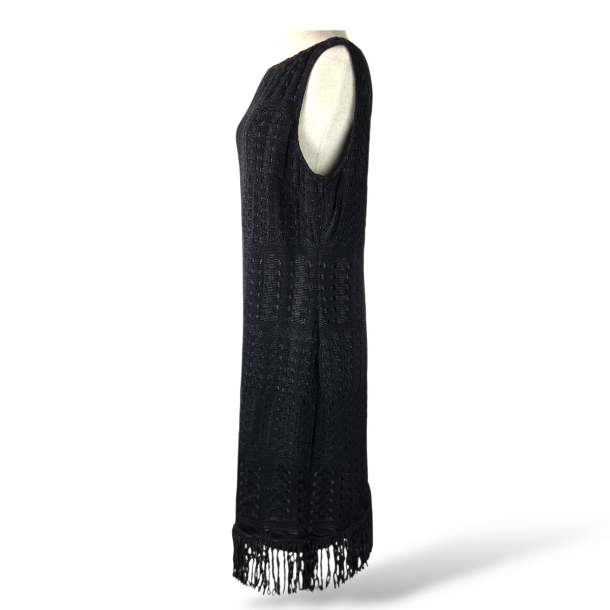 Pre-Owned St. John Couture Black Crochet Knit Sleeveless Dress with Fringe Hem — Size 12