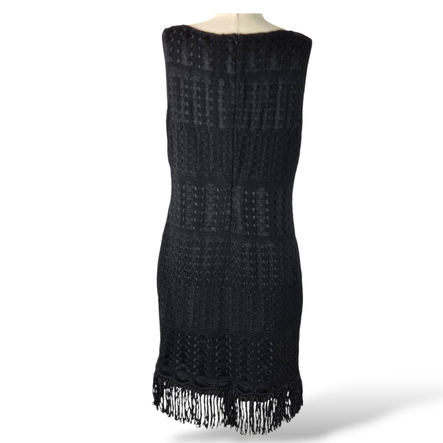 Pre-Owned St. John Couture Black Crochet Knit Sleeveless Dress with Fringe Hem — Size 12
