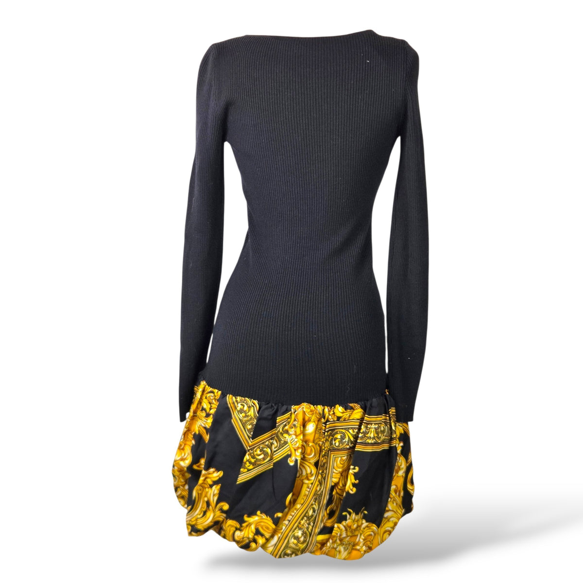 Pre-Owned Moschino Couture Black Ribbed Knit Dress with Gold Baroque Silk Hem — US 10