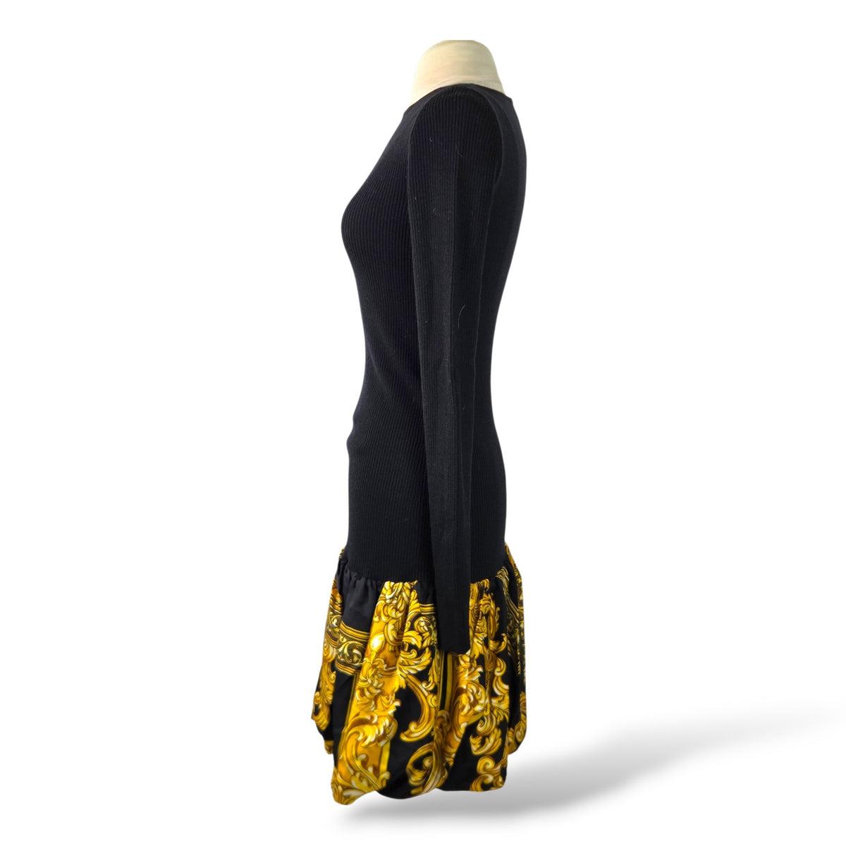 Pre-Owned Moschino Couture Black Ribbed Knit Dress with Gold Baroque Silk Hem — US 10