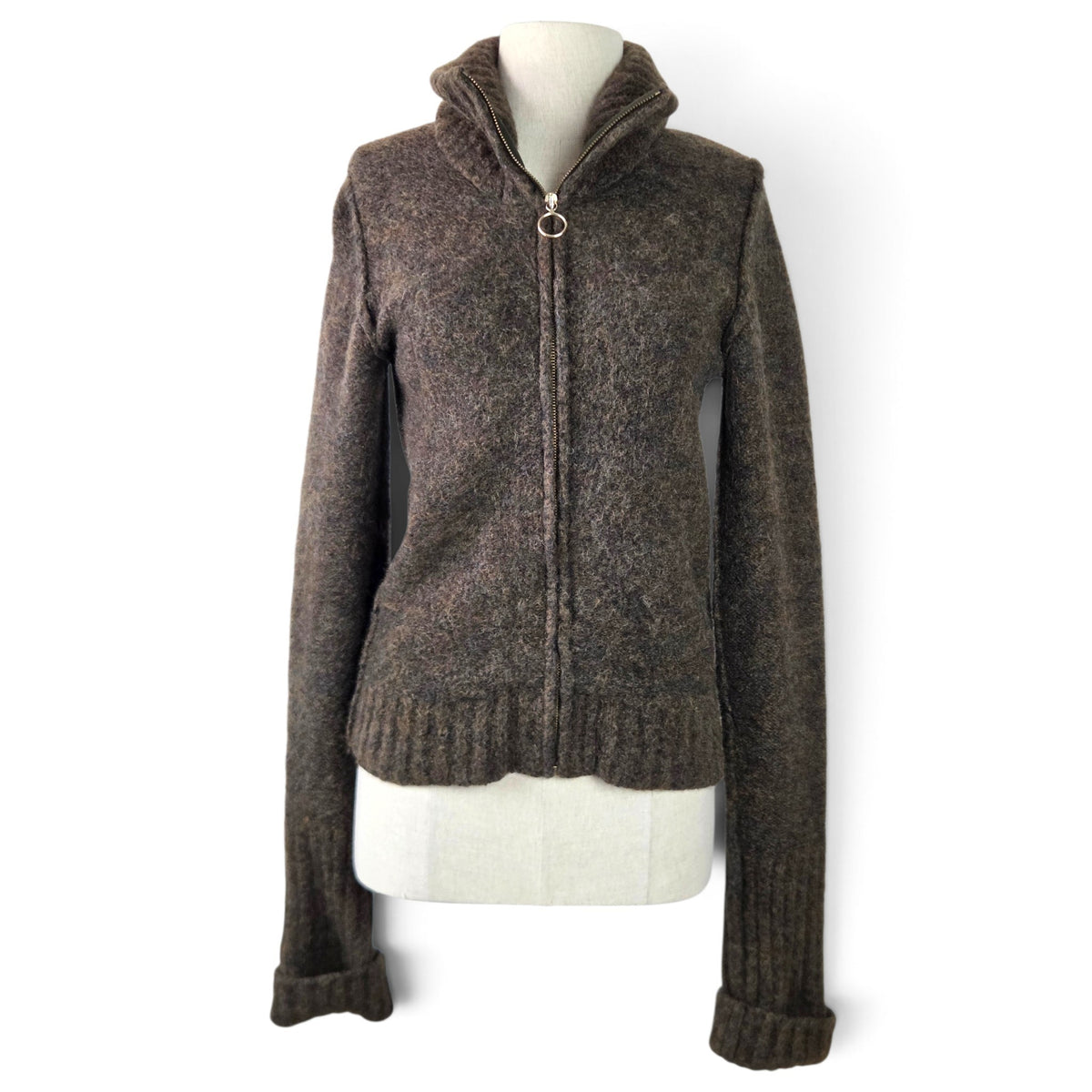 Pre-owned D&G Dolce & Gabbana brown mohair wool blend zip-up cardigan with funnel neck, size S — available at Style Reissue Vancouver