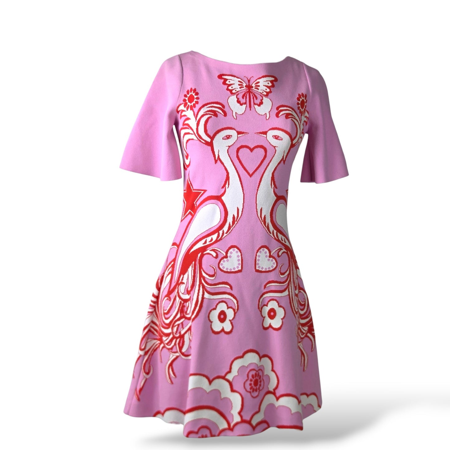Pre-owned Valentino pink short-sleeve flare mini dress with red and white bird, butterfly and floral print, size XS — available at Style Reissue Vancouver