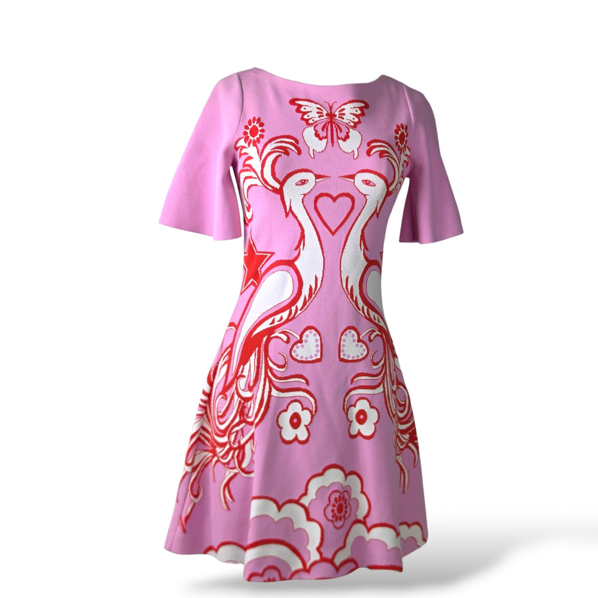 Pre-owned Valentino pink short-sleeve flare mini dress with red and white bird, butterfly and floral print, size XS — available at Style Reissue Vancouver