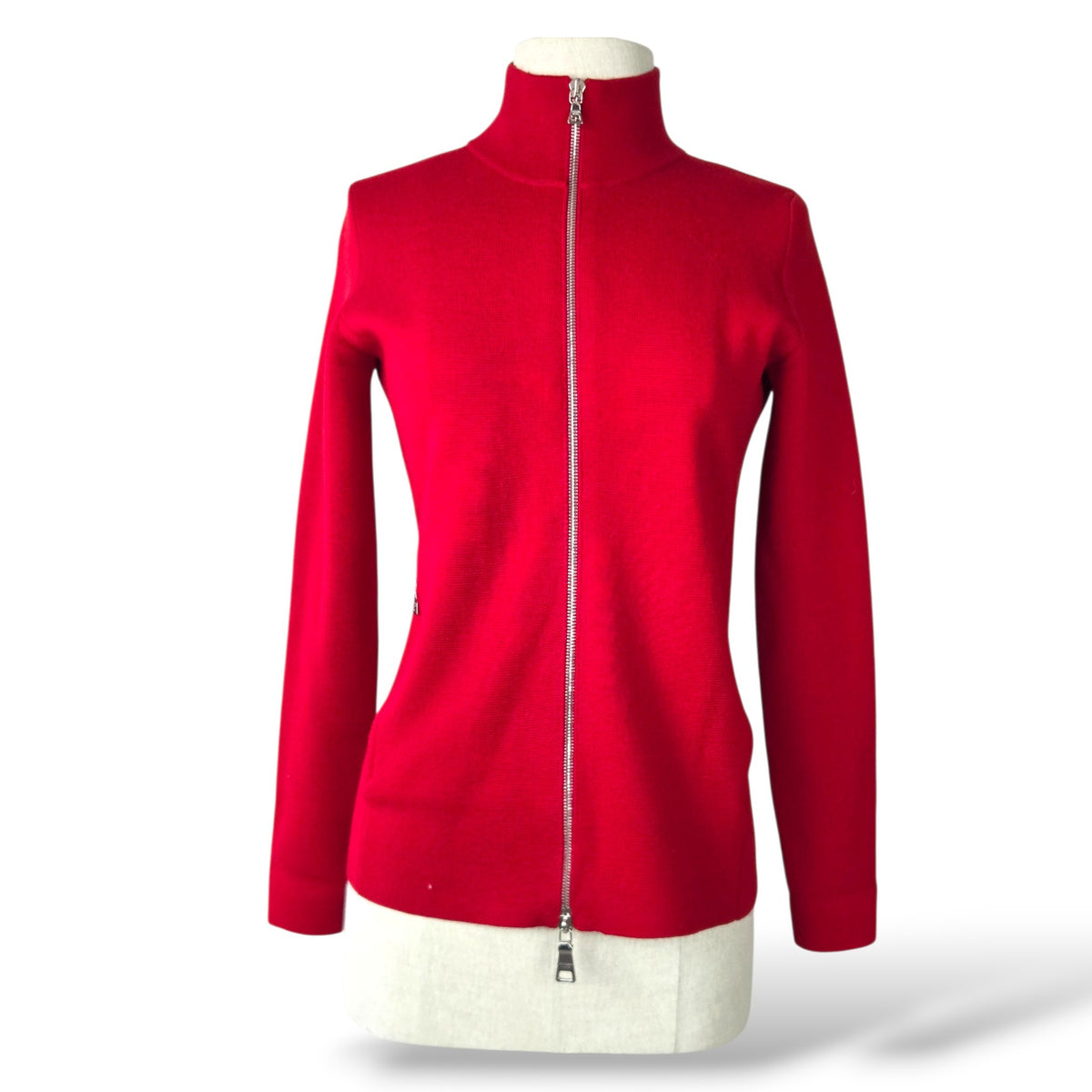 Pre-owned Prada red 100% virgin wool zip-up mock neck fitted cardigan, size 40 — available at Style Reissue Vancouver