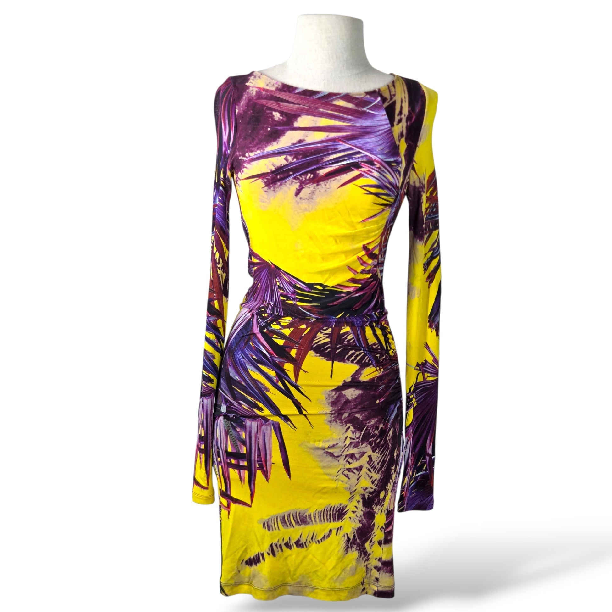 Pre-owned Jean Paul Gaultier Classique yellow and purple tropical palm print long-sleeve bodycon dress, size XS — available at Style Reissue Vancouver