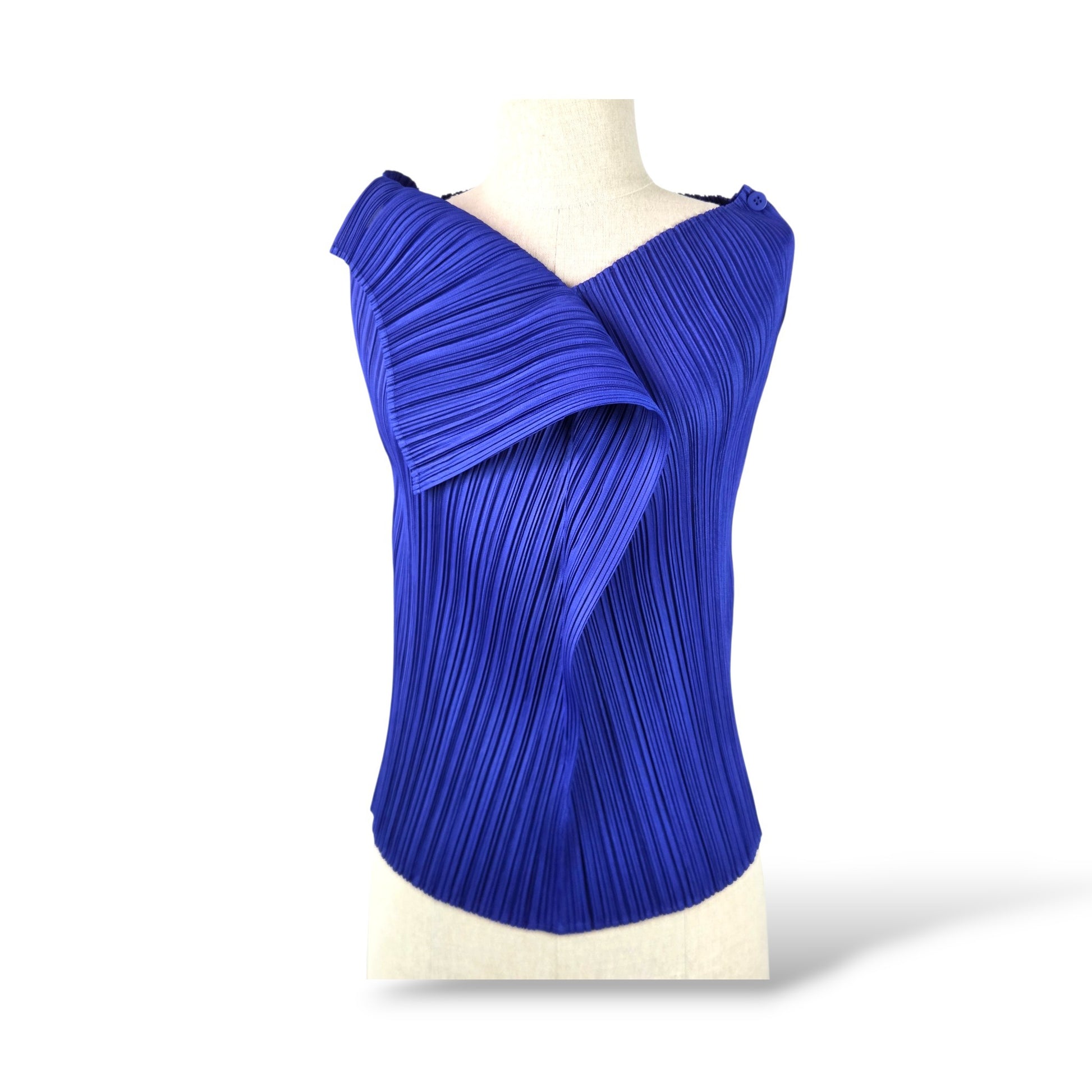 Pre-owned Pleats Please Issey Miyake micro-pleated draped asymmetric neckline top in royal blue — available at Style Reissue Vancouver