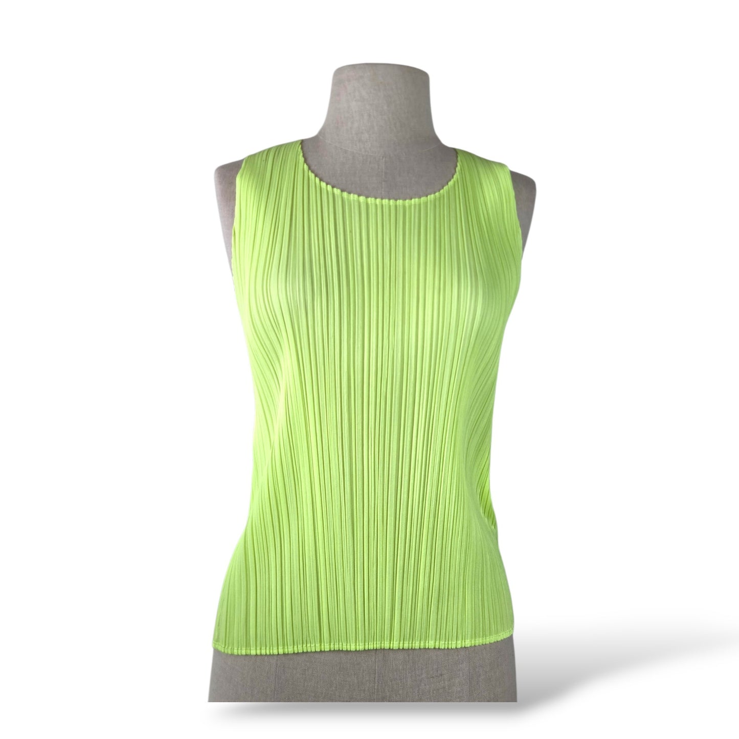 Pre-owned Pleats Please Issey Miyake micro-pleated sleeveless tank top in yellow-green, available at Style Reissue Vancouver