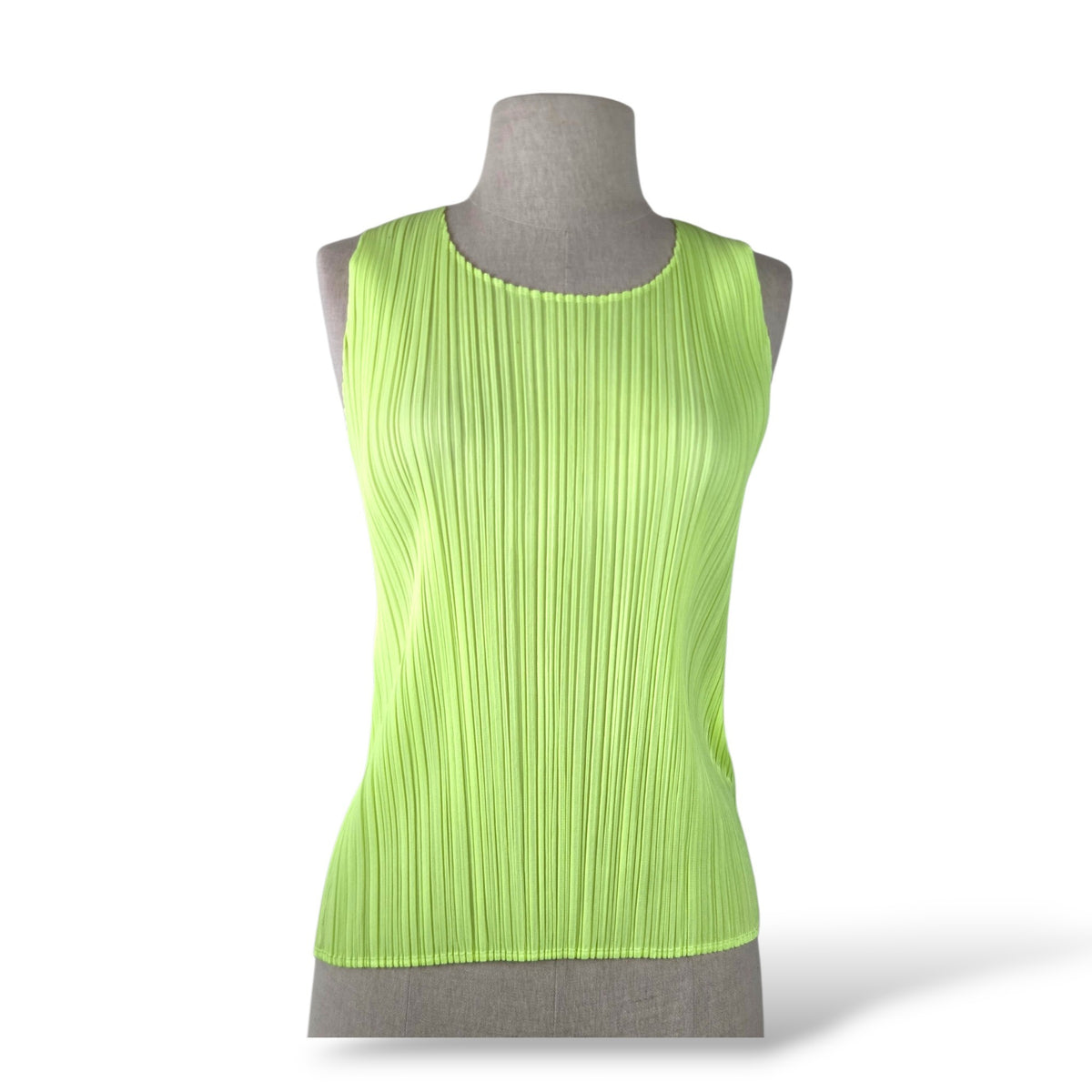 Pre-owned Pleats Please Issey Miyake micro-pleated sleeveless tank top in yellow-green, available at Style Reissue Vancouver