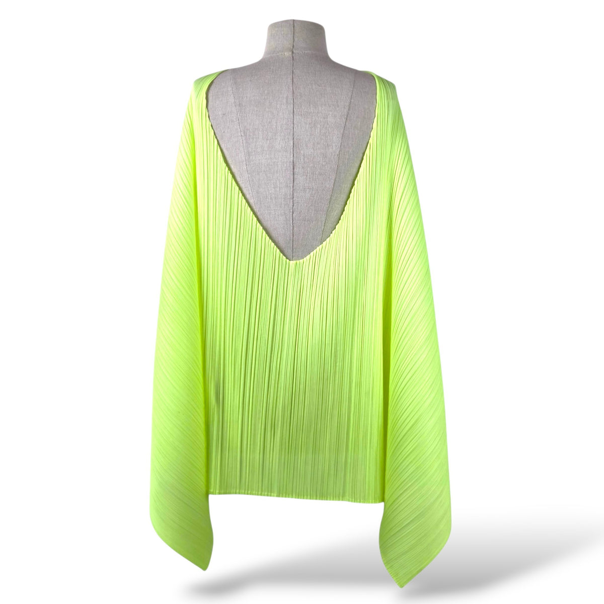 Pre-owned Pleats Please Issey Miyake micro-pleated draped batwing top in neon yellow-green with open back — available at Style Reissue Vancouver