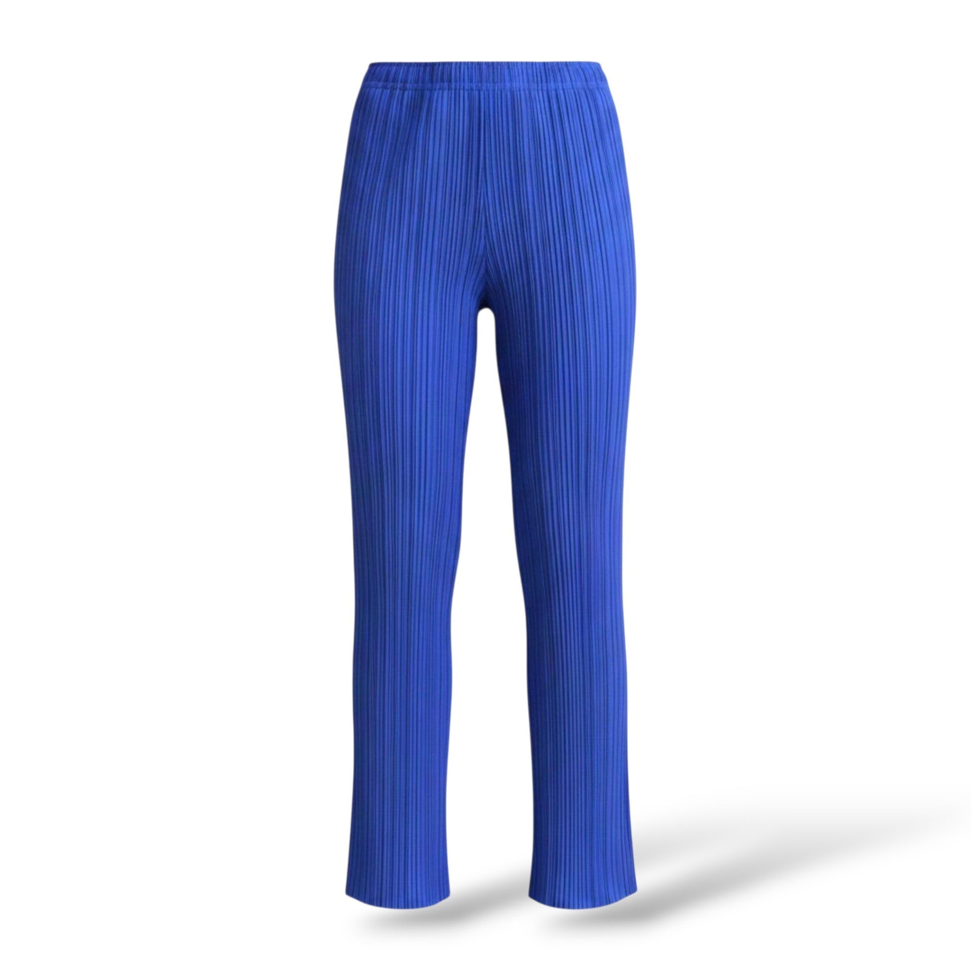 Pre-owned Pleats Please Issey Miyake micro-pleated trousers in cobalt blue, size 2 — available at Style Reissue Vancouver