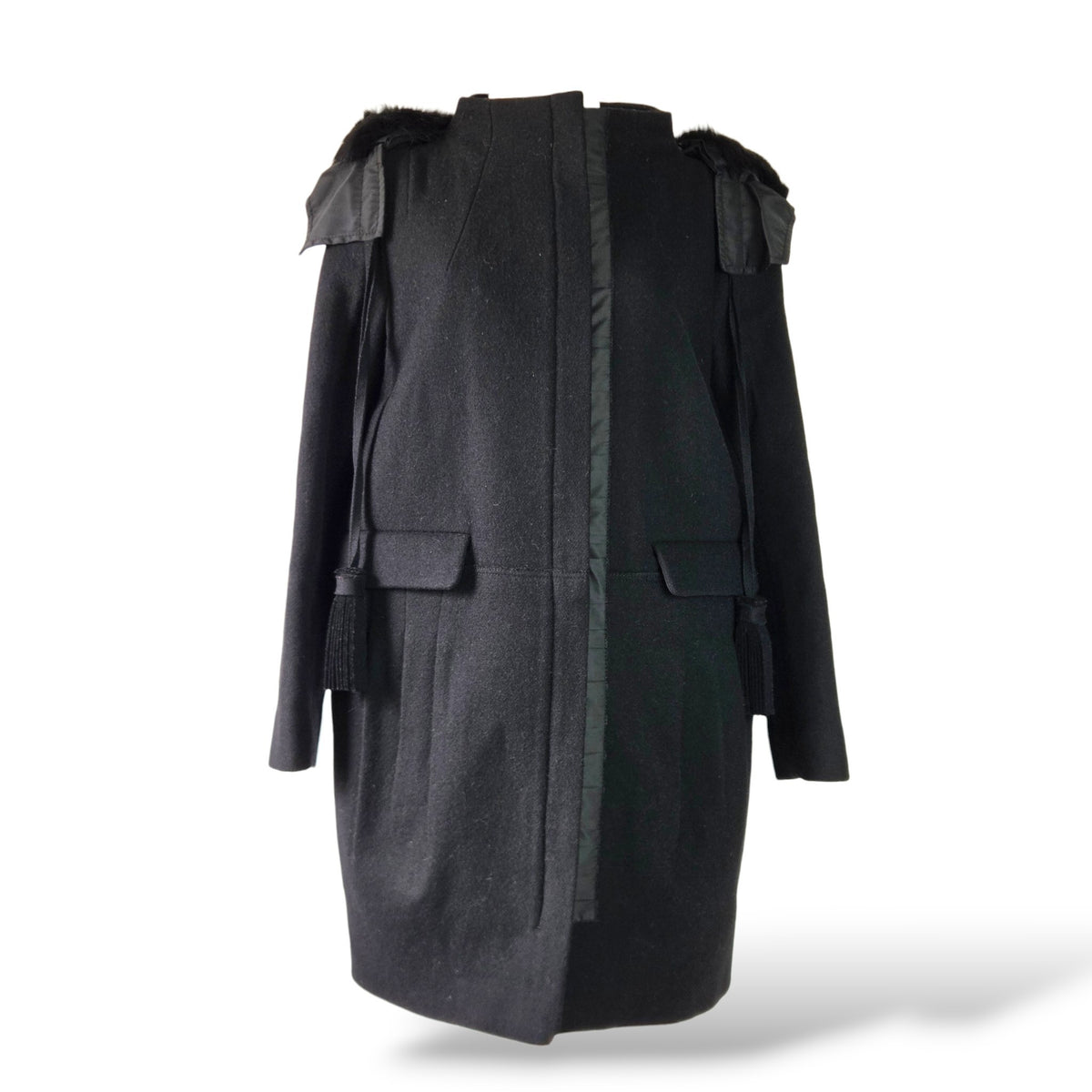 Pre-owned Prada black virgin wool coat with removable fur-trimmed hood, satin trim detail and flap pockets, size 42 — available at Style Reissue Vancouver