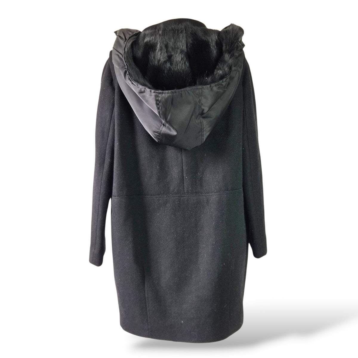 Pre-Owned Prada Black Virgin Wool Coat with Removable Fur Hood — Size 42